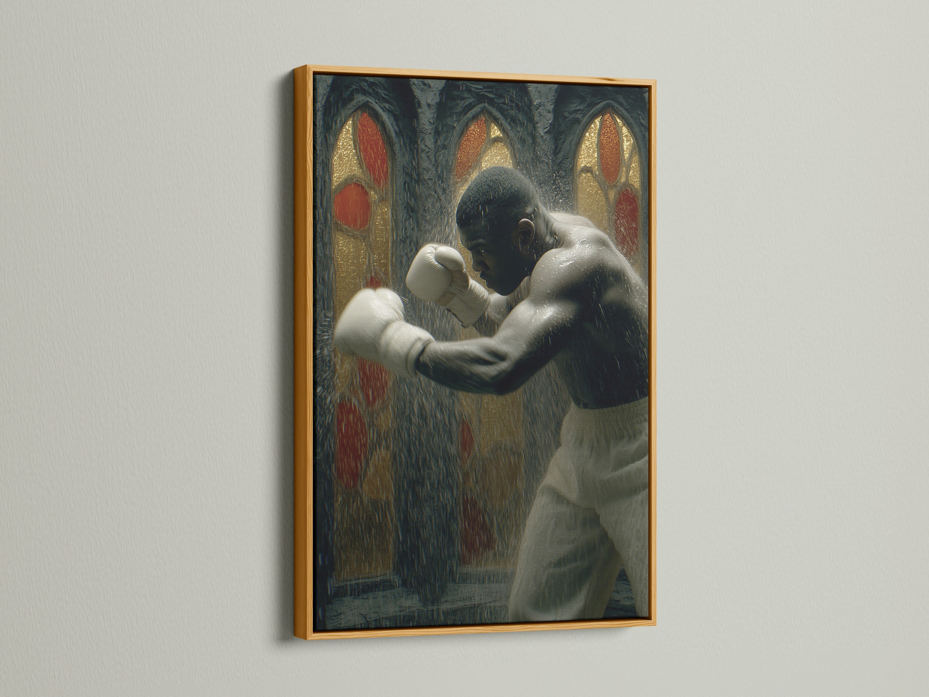 Vintage boxing artwork in a gold frame. The gold frame adds a touch of luxury to the gothic sports canvas. This piece makes a statement in any space. Perfect for man cave decor and athletic wall decor. Explore our vintage boxing art.