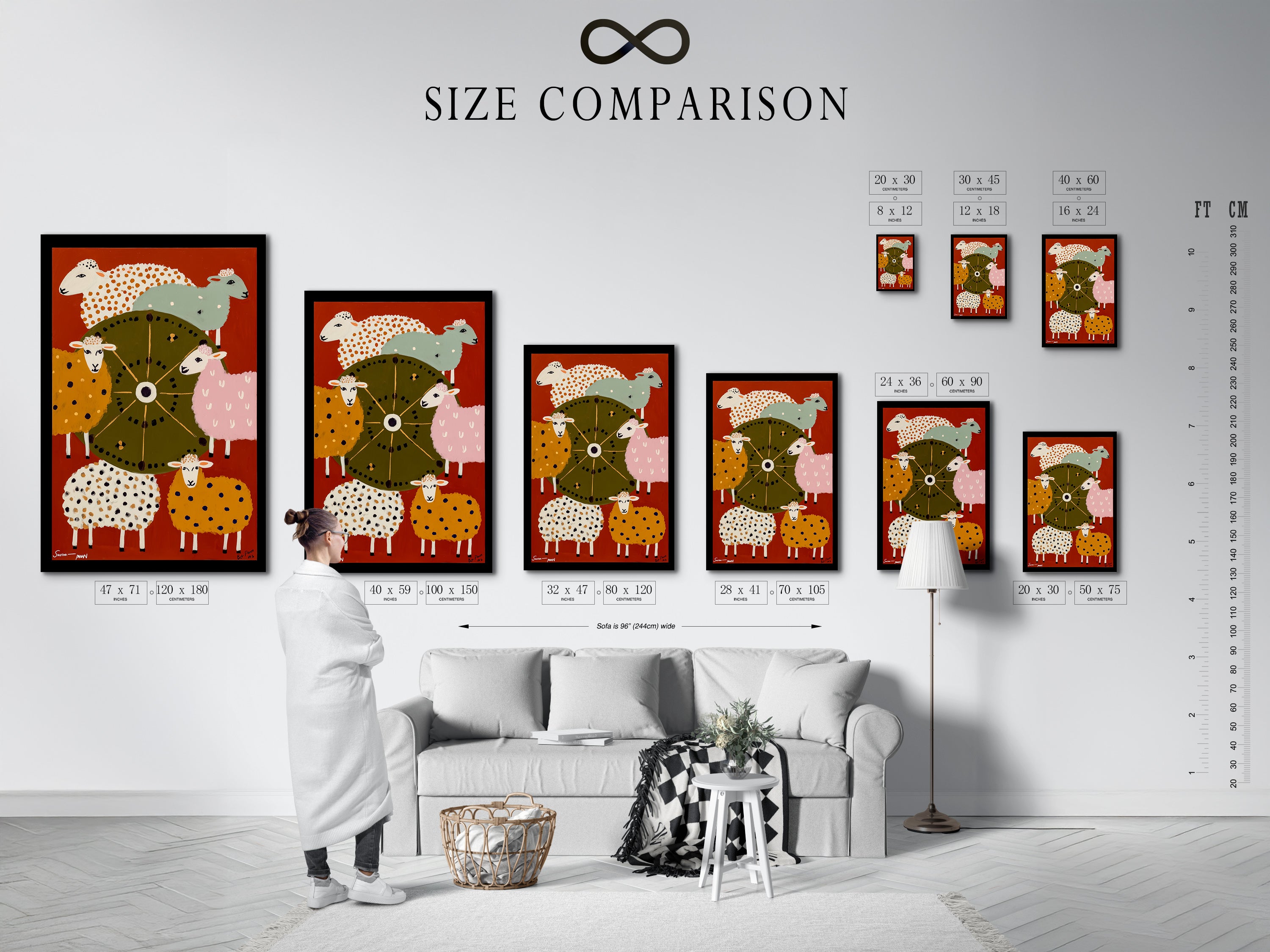 A size comparison chart displayed in an interior setting. See how different sizes of the sheep folk art print fit in your space. Visualize the impact of this colorful and whimsical artwork. Perfect for planning your nursery decor or kitchen wall art arrangement. Choose the perfect size.