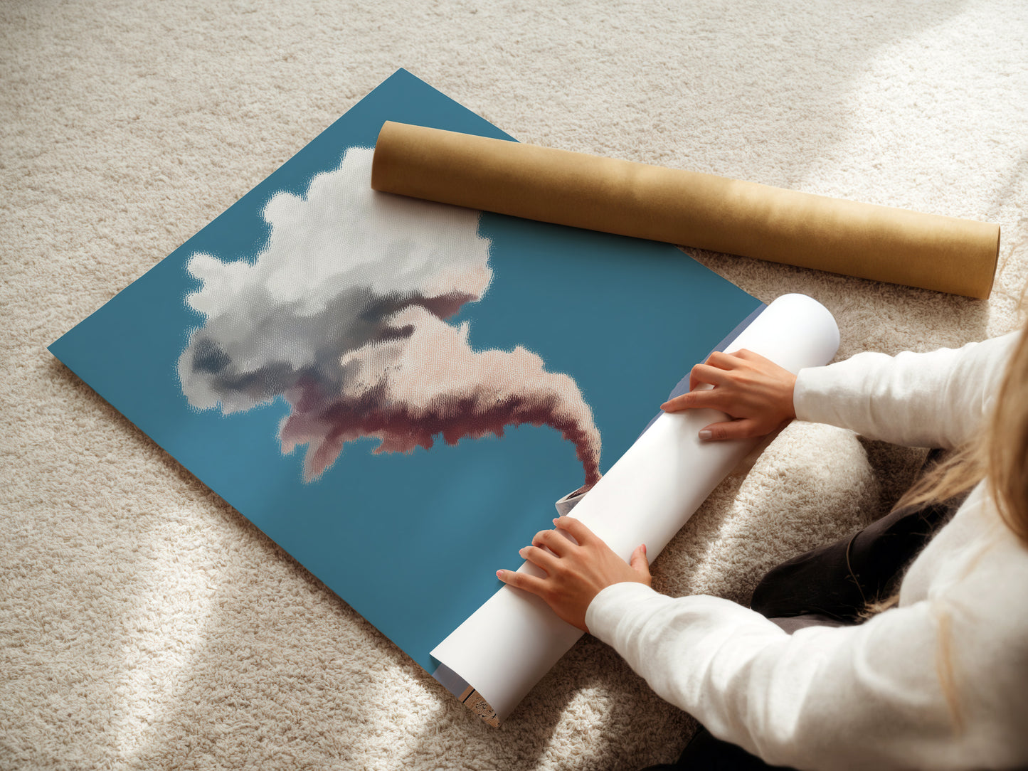 A woman is carefully rolling a fine art poster paper. The paper features the surreal coffee cup artwork. It showcases a desert landscape with a dreamy cloudscape. Ideal for modern wall decor. Perfect for art studios and galleries.