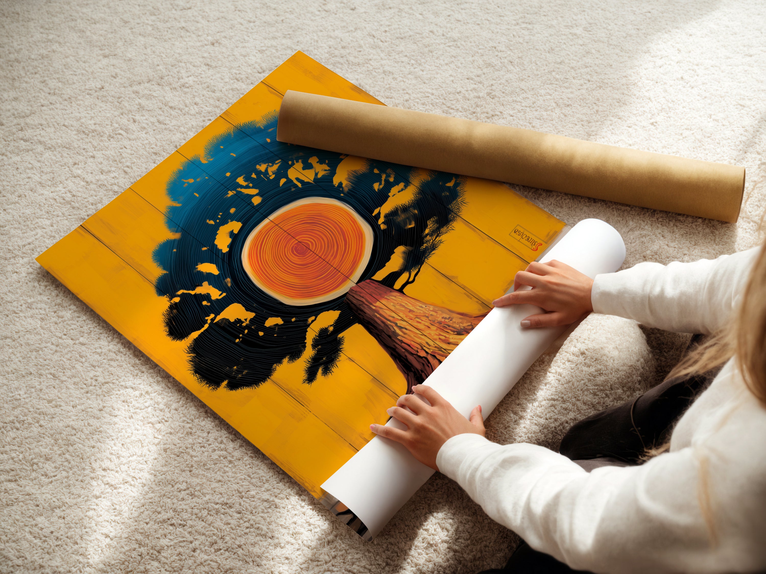 A woman carefully rolling a fine art poster paper of the Tree of Life artwork. The poster paper ensures a high-quality print. Perfect for those who appreciate fine art prints. Ideal for framing and displaying in any space.