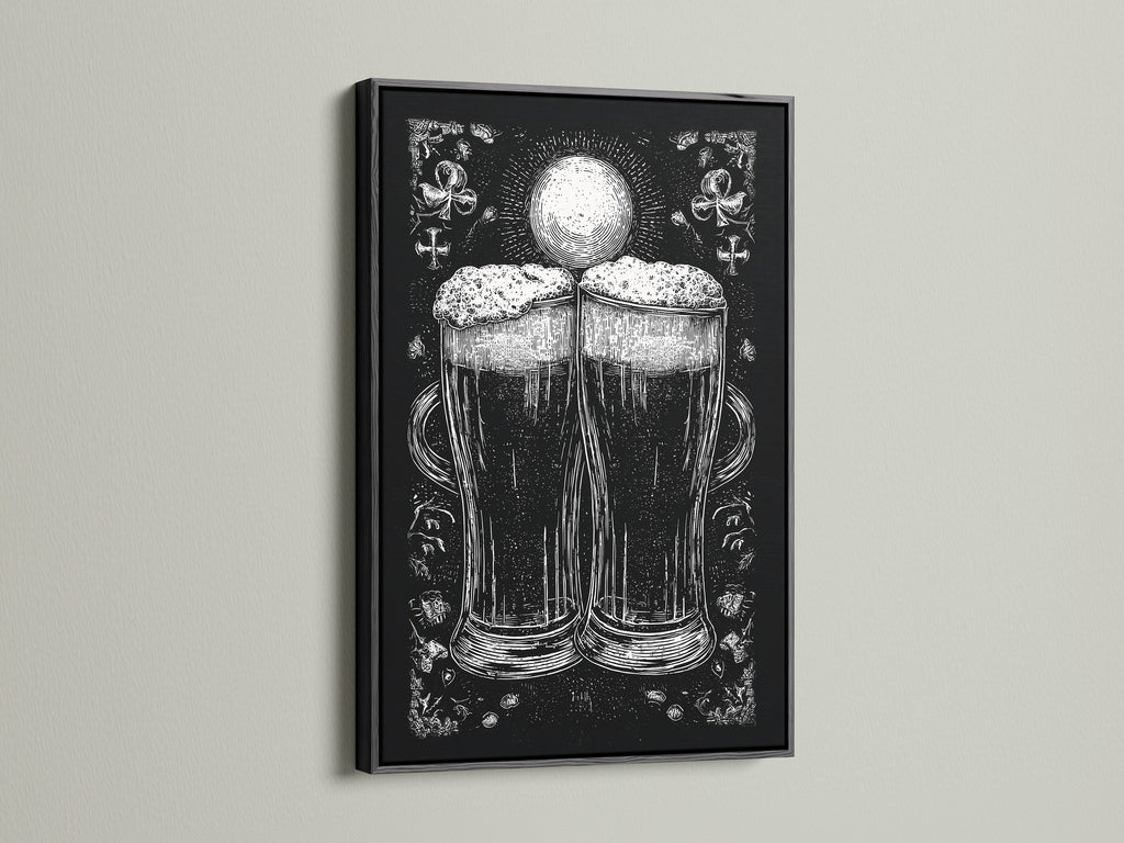 A framed artwork is on display. The art is in a black frame. The artwork features a monochromatic illustration of two beer glasses. The beer glasses are the focal point. The print adds a touch of elegance to any room.  The black frame offers a bold touch.