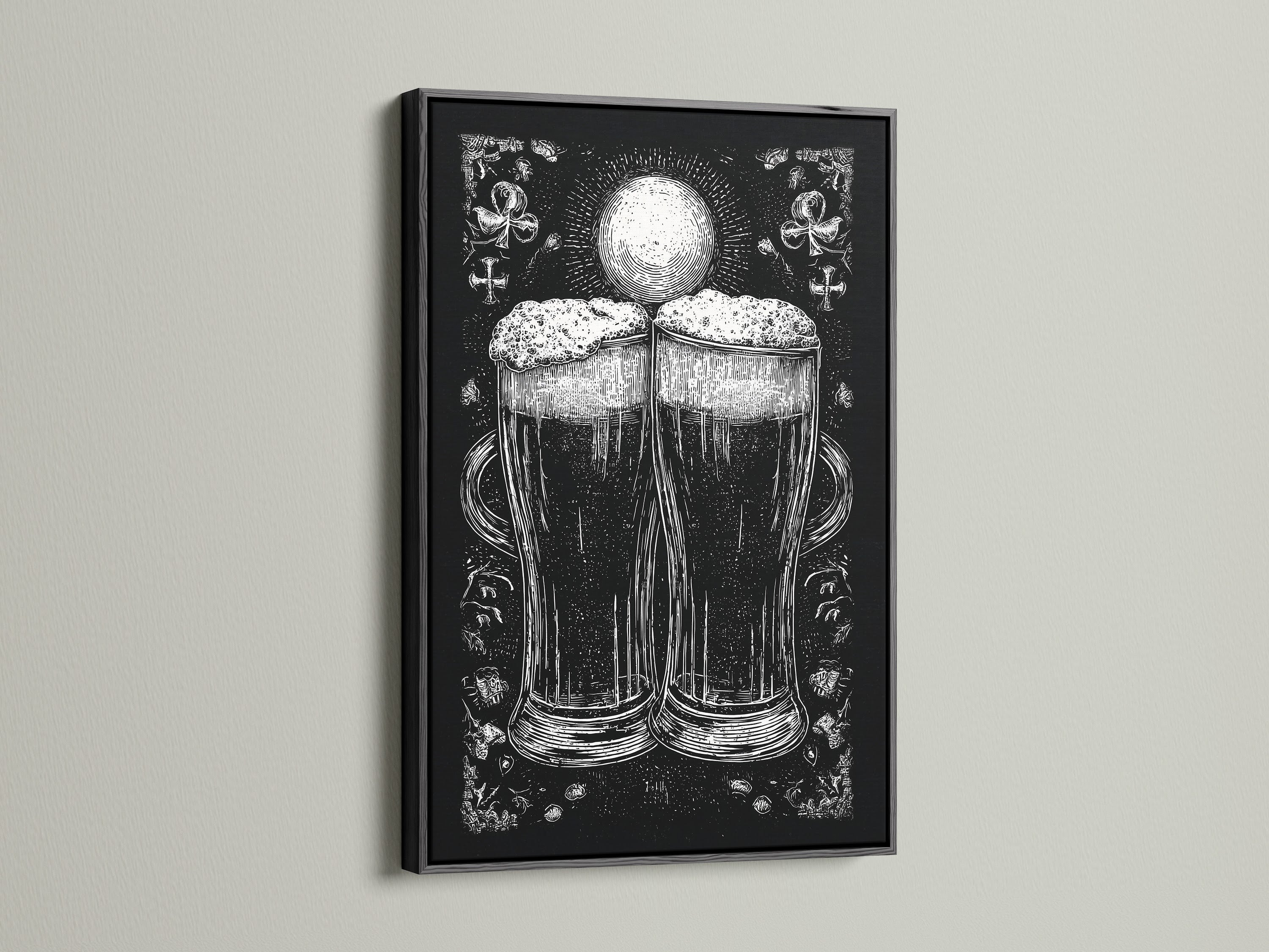 A framed artwork is on display. The art is in a black frame. The artwork features a monochromatic illustration of two beer glasses. The beer glasses are the focal point. The print adds a touch of elegance to any room.  The black frame offers a bold touch.