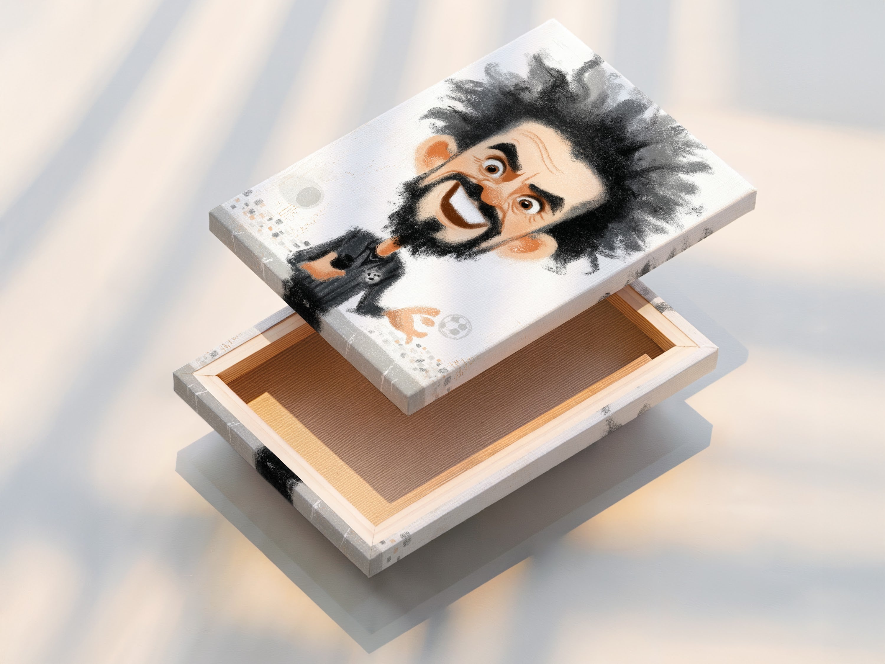 This is a stretched canvas print of a soccer coach caricature. The artwork is perfect for sports fans. This cartoon canvas is a great gift for him. It also makes unique wall decor.