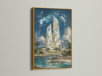 A gold frame highlights this Crystal Tower art piece. The tropical sci-fi art adds a luxurious feel. This print is great for living rooms bedrooms and boutiques. The gold frame enhances the artwork's elegance.