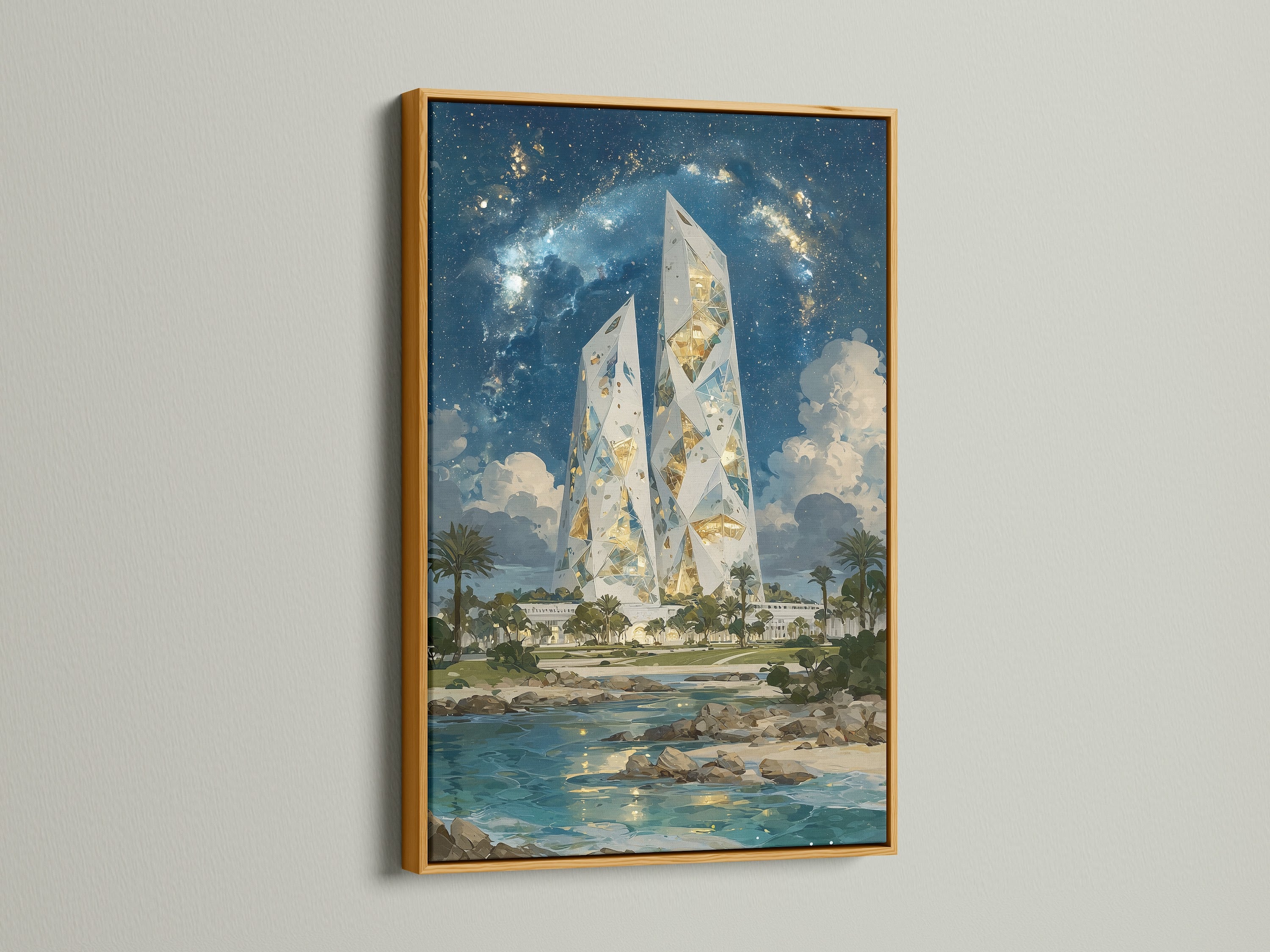 A gold frame highlights this Crystal Tower art piece. The tropical sci-fi art adds a luxurious feel. This print is great for living rooms bedrooms and boutiques. The gold frame enhances the artwork's elegance.