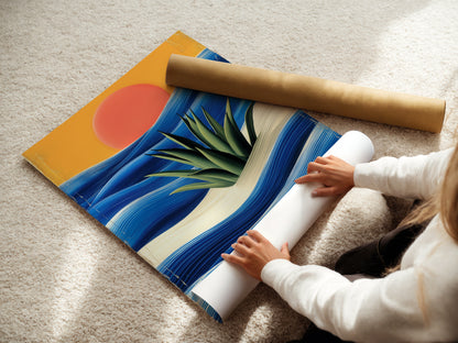 A woman carefully rolls a fine art poster paper. This coastal sunset artwork is ready to be framed. High-quality materials ensure lasting beauty. Bring the ocean to your walls now.