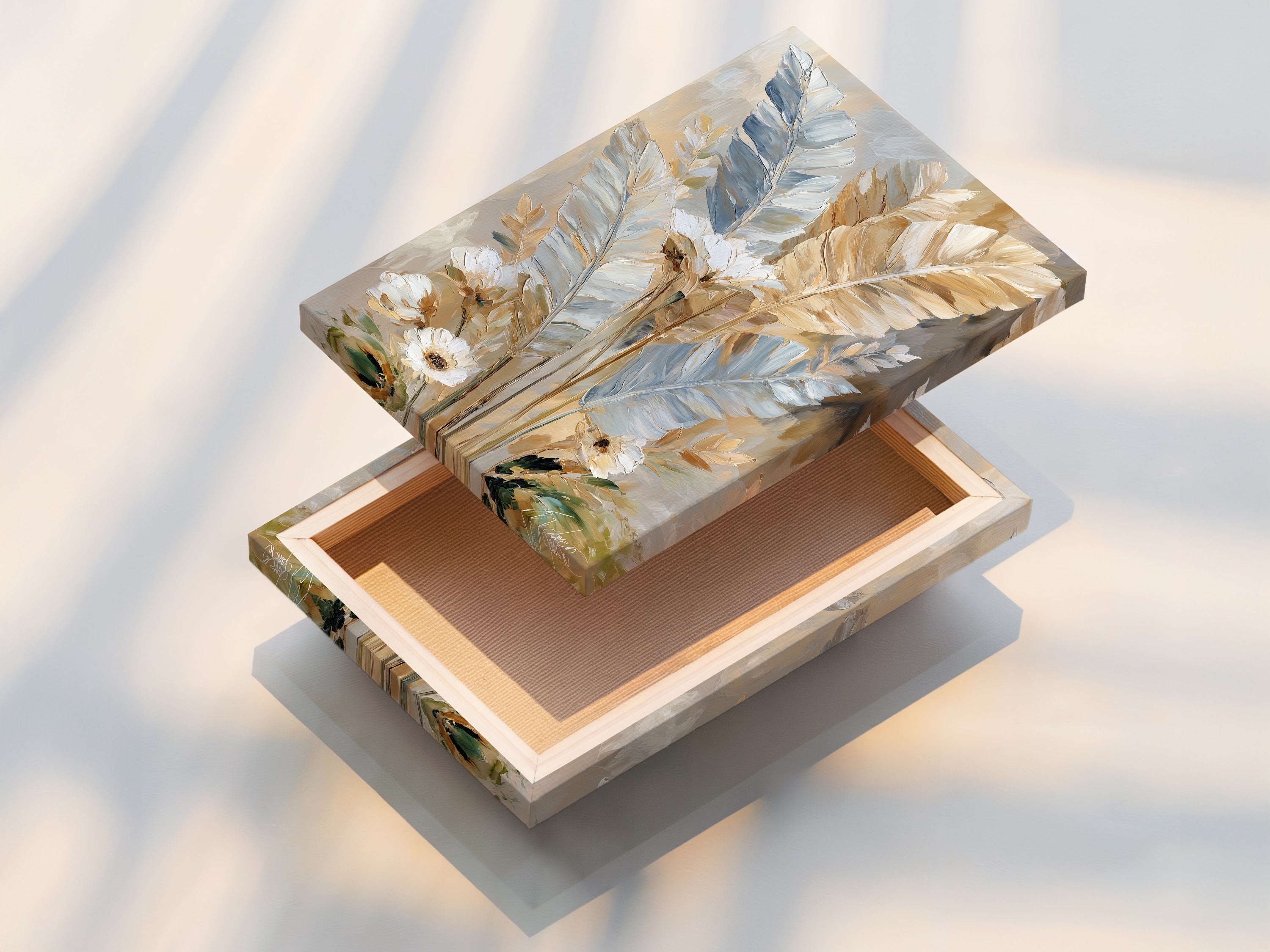 Stretched canvas print of feather artwork. Ready to hang and enjoy immediately. The stretched canvas offers a clean and modern look. Soft neutral colors enhance any living space. The canvas print brings botanical beauty to your walls. High-quality materials for lasting artwork.