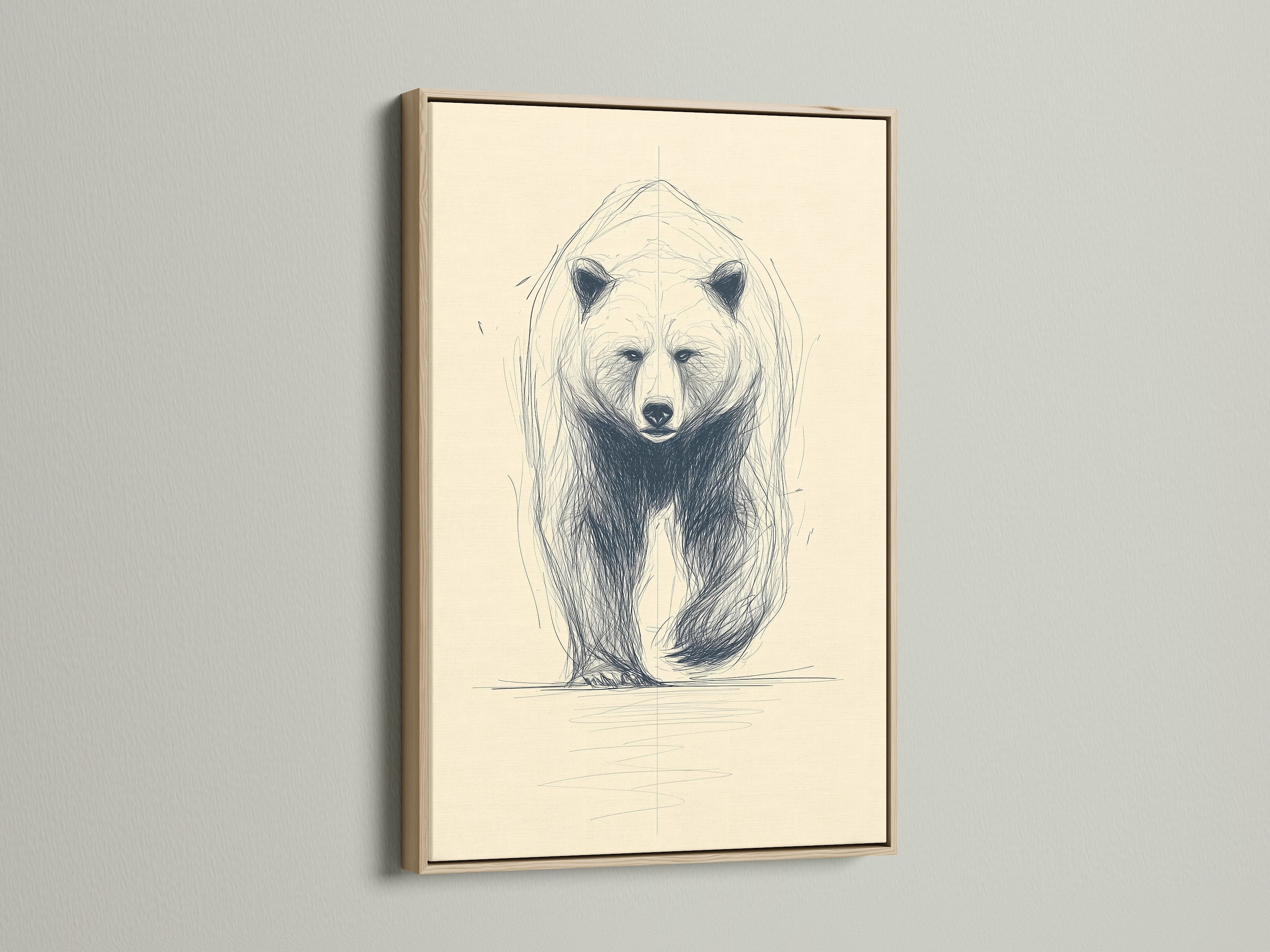 Framed bear art print. This oak frame enhances the minimalist wildlife sketch. Ideal for adding a touch of nature to your living space. The animal drawing complements rustic and primitive styles. It's perfect for creating a cozy cabin feel.