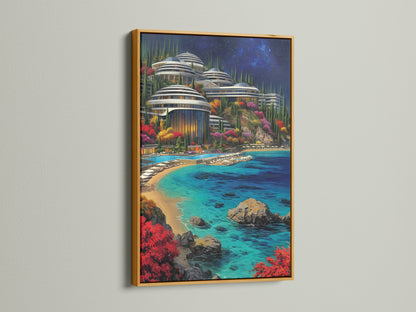 Futuristic Architecture artwork showcasing a turquoise ocean is elegantly set in a gold frame. This modern cityscape art brings a touch of luxury to any room. The gold frame enhances the artwork's contemporary style. It makes it an ideal addition to refined interiors.
