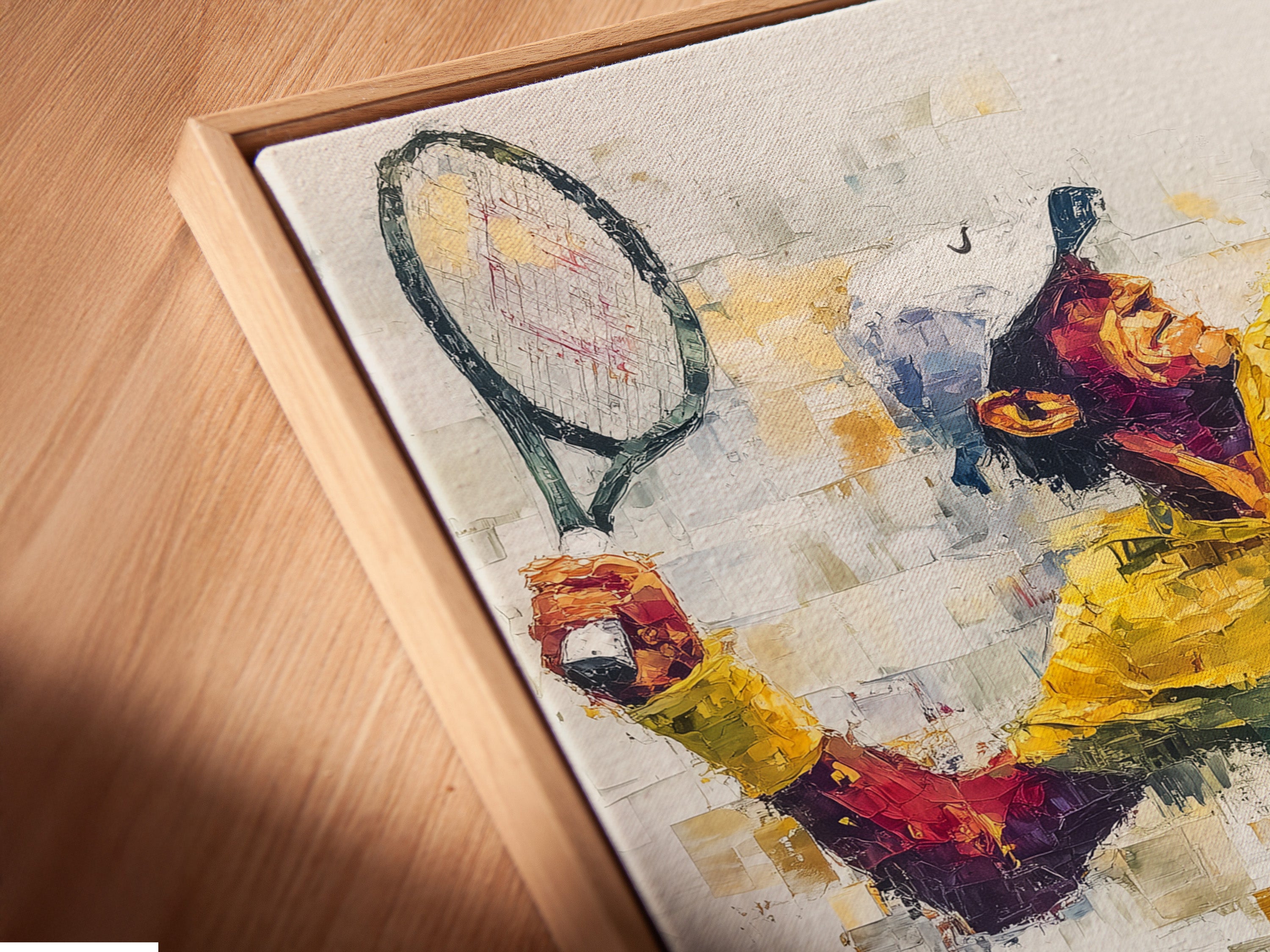 A close-up view of the Tennis Player Canvas Print in a floating frame. This angled shot showcases the artwork's texture and vibrant colors. The floating frame adds depth and dimension to the sports canvas print. Ideal for those seeking modern sports art with a gallery feel.