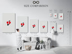 Size comparison chart in an interior setting. See how this music-themed art fits in various spaces. This minimalist print enhances any room. The red heart art adds a pop of color.