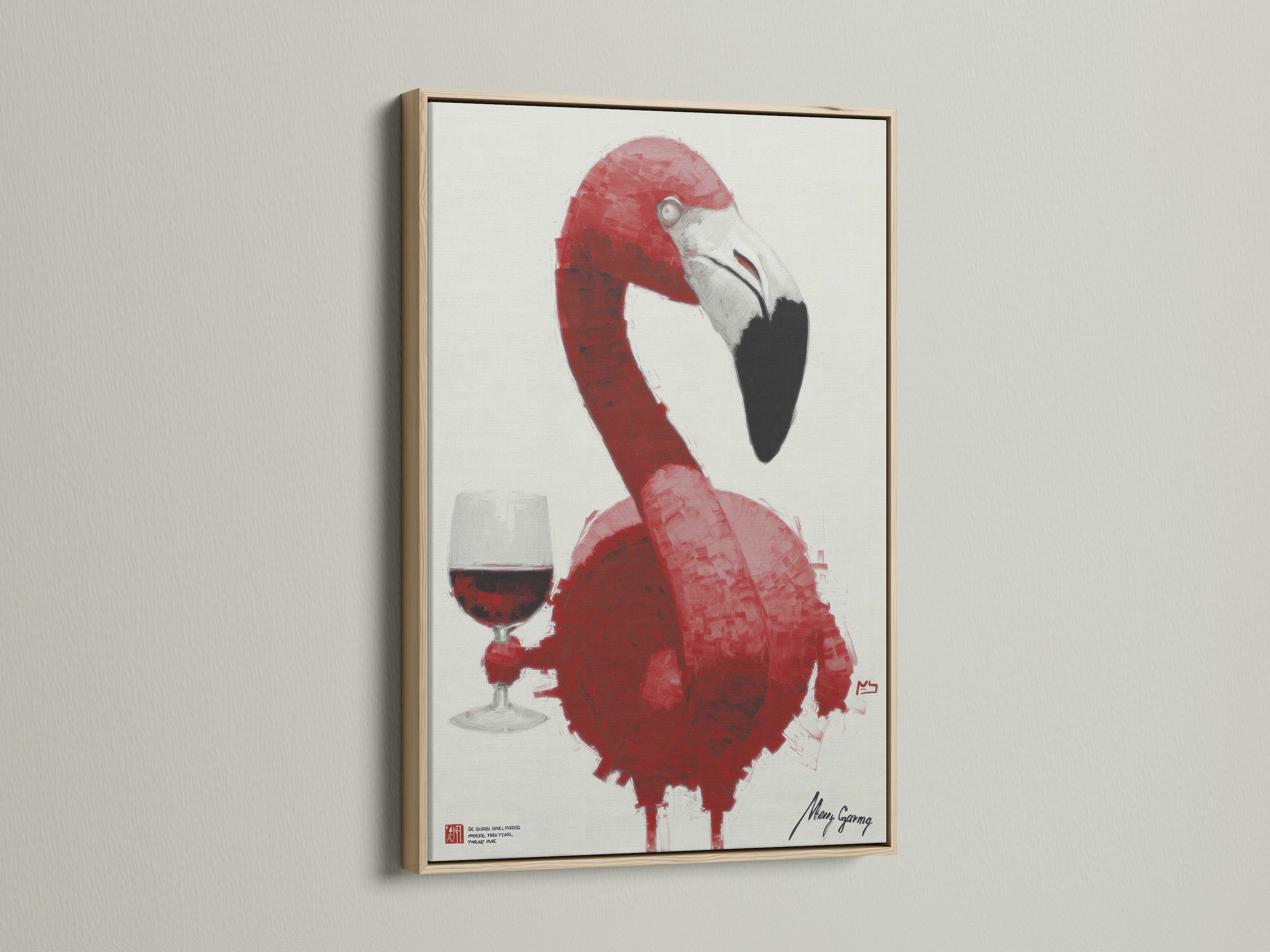 This is a close up of a pink flamingo wine art print with oak frame. The modern animal artwork adds a unique touch to your living room or dining room decor. A perfect blend of whimsical and contemporary styles with this coral bird poster.
