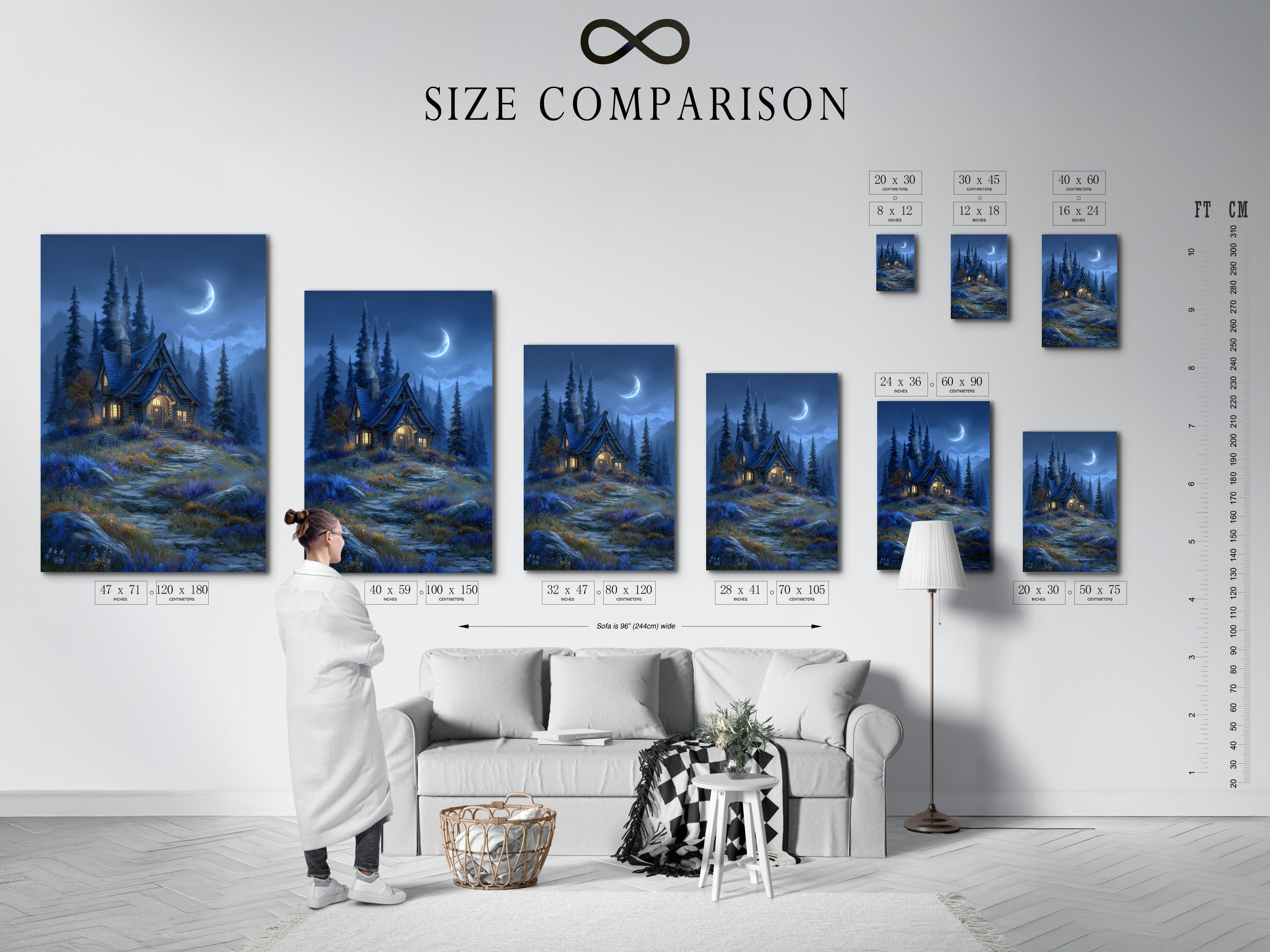 A size comparison chart shows the Moonlit Cottage artwork in an interior setting. Visualize the impact of fantasy forest wall art. See how enchanted cabin art fits your space. Perfect for homeowners and renters.