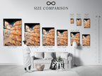 Size comparison chart displayed in an interior setting. Helping customers visualize the bread art. Different sizes are available for the stretched canvas print. Find the perfect fit for your kitchen or cafe decor.