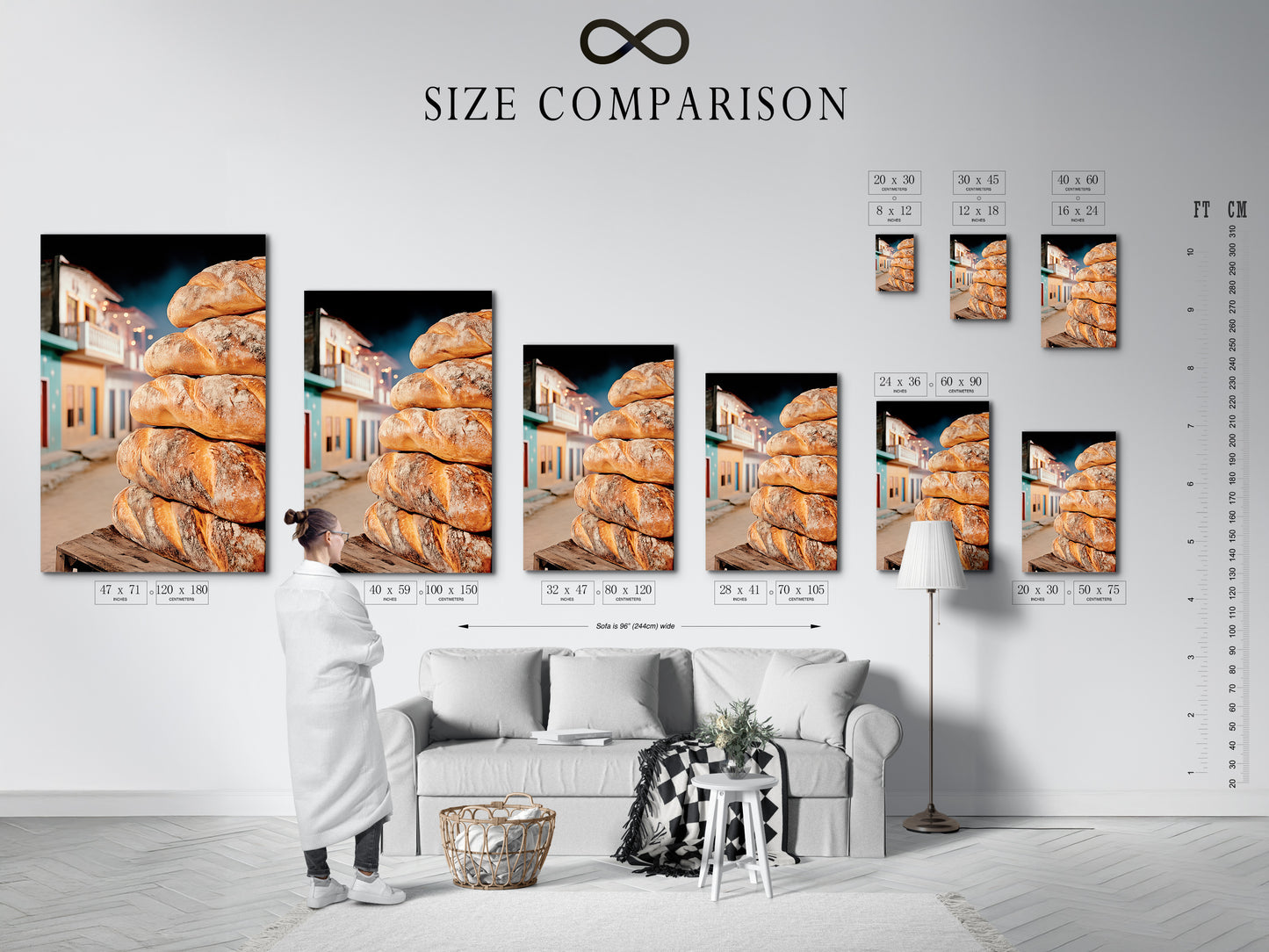 Size comparison chart displayed in an interior setting. Helping customers visualize the bread art. Different sizes are available for the stretched canvas print. Find the perfect fit for your kitchen or cafe decor.
