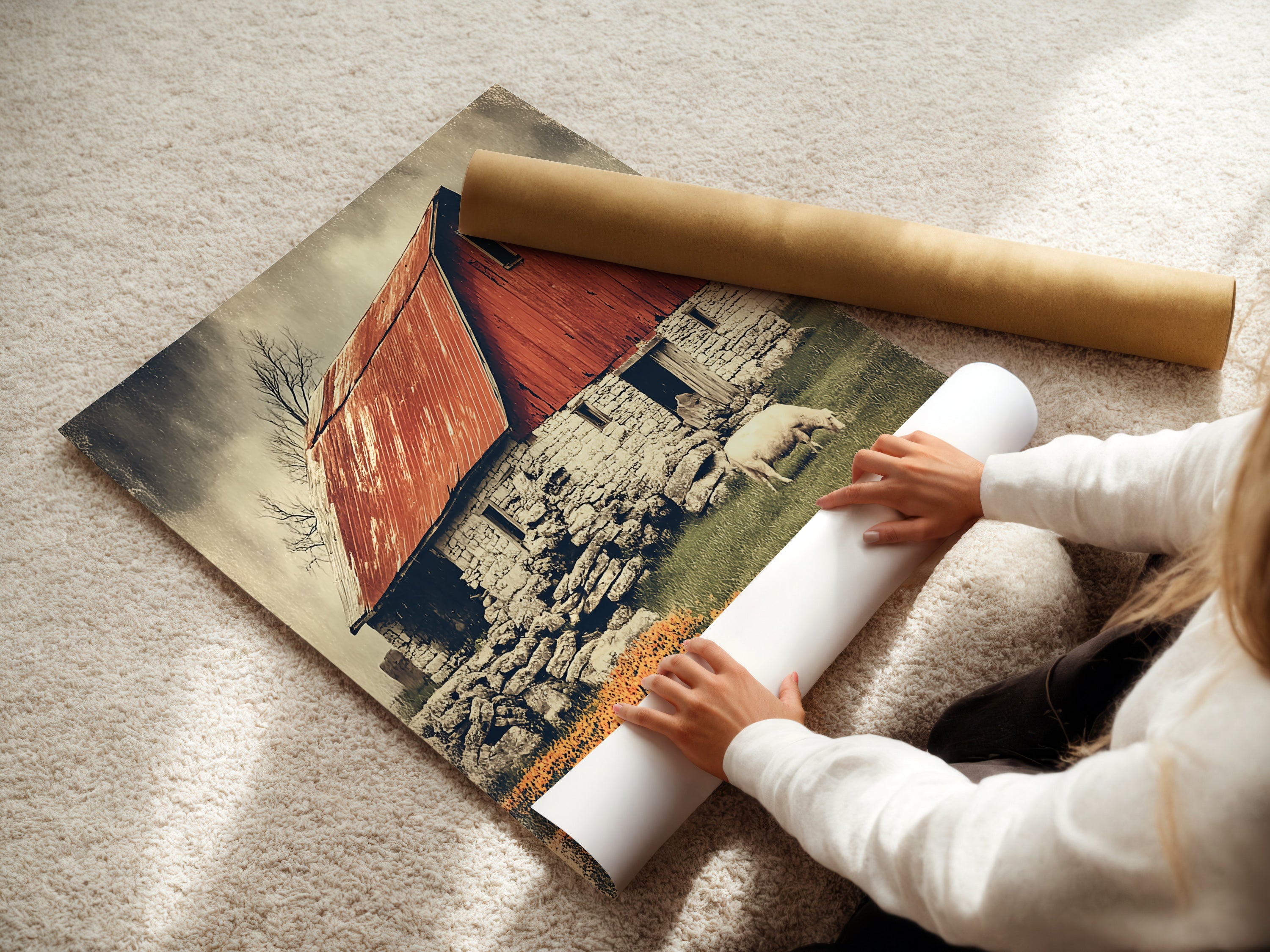 A woman is carefully rolling a fine art poster paper. This features the rustic barn artwork. Ideal for farmhouse decor and vintage art lovers. Explore our range of country art prints. Enhance your dining room or living room.