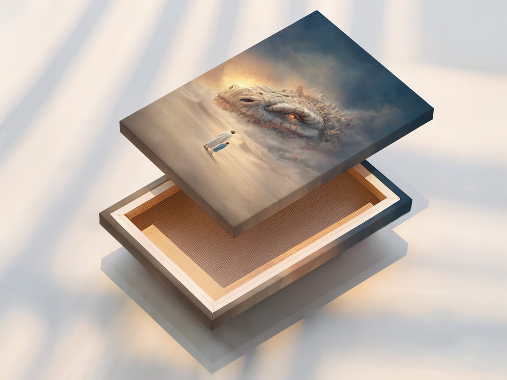 Stretched canvas print featuring surreal fantasy art. The canvas print showcases a desert dreamscape with a mystical creature. This format provides a gallery-ready look. It is perfect for creating a statement piece in your living room or bedroom. It is ready to hang and enjoy.