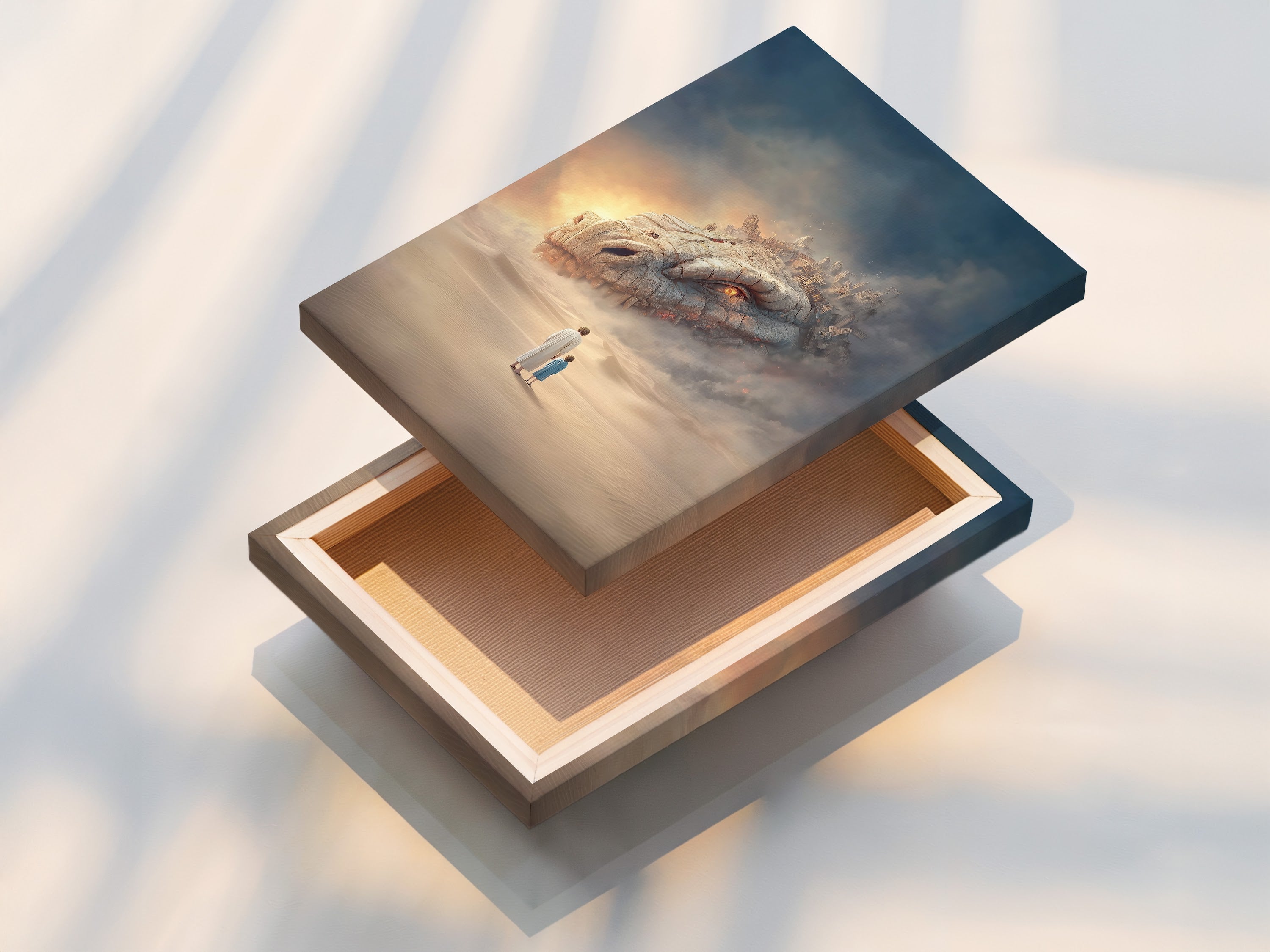 Stretched canvas print featuring surreal fantasy art. The canvas print showcases a desert dreamscape with a mystical creature. This format provides a gallery-ready look. It is perfect for creating a statement piece in your living room or bedroom. It is ready to hang and enjoy.