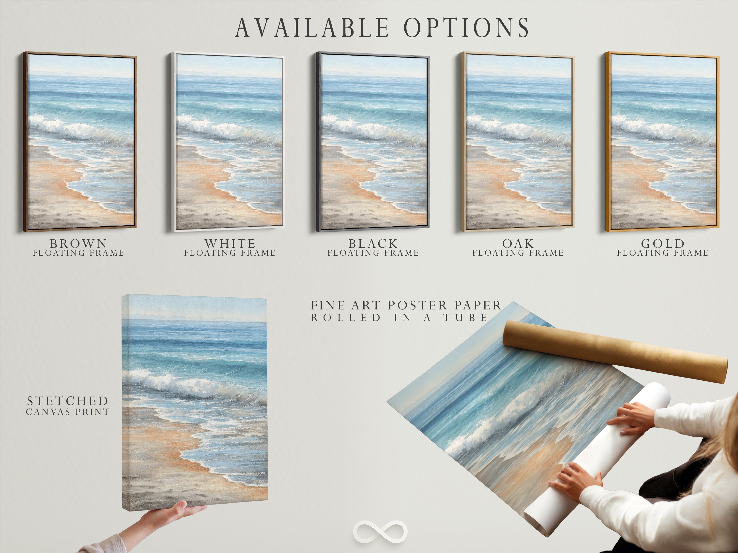 Available options include stretched canvas prints fine art poster paper and floating frames. Choose the perfect format for your seascape artwork. Customize your beach wall art to match your style. Create a unique coastal decor.