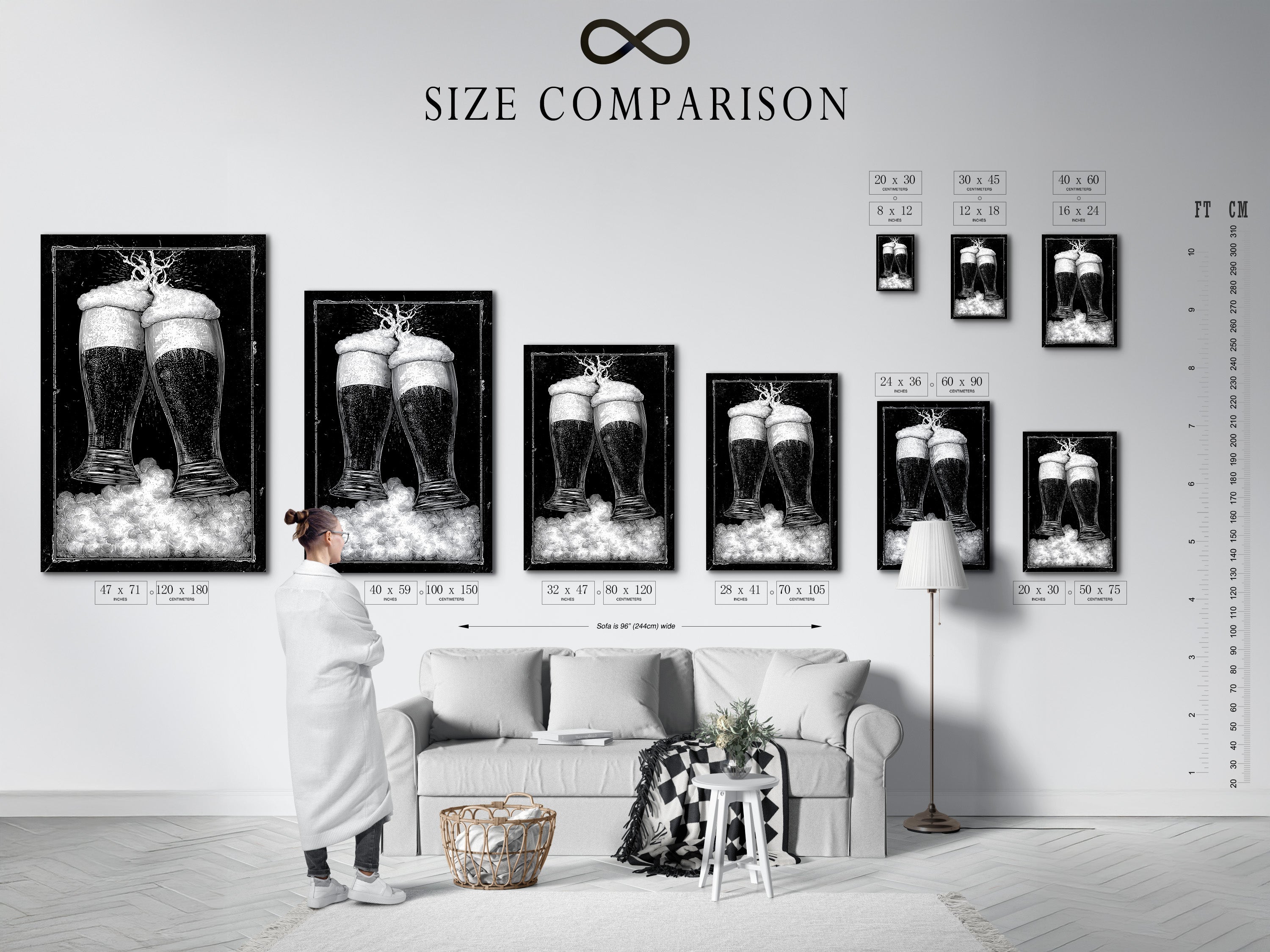 Size comparison chart in interior setting. The chart shows various sizes of artwork on a wall. Helping you visualize the perfect fit for your space. See how different sizes can transform a room. Use our chart to make an informed decision. Choose the ideal artwork size for your needs.