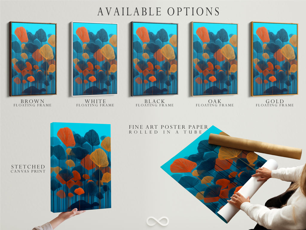Explore available options including stretched canvas prints fine art poster paper and floating frames. The botanical artwork in teal and orange offers versatile choices for modern wall decor. Enhance your space with a touch of scandi style and contemporary elegance.