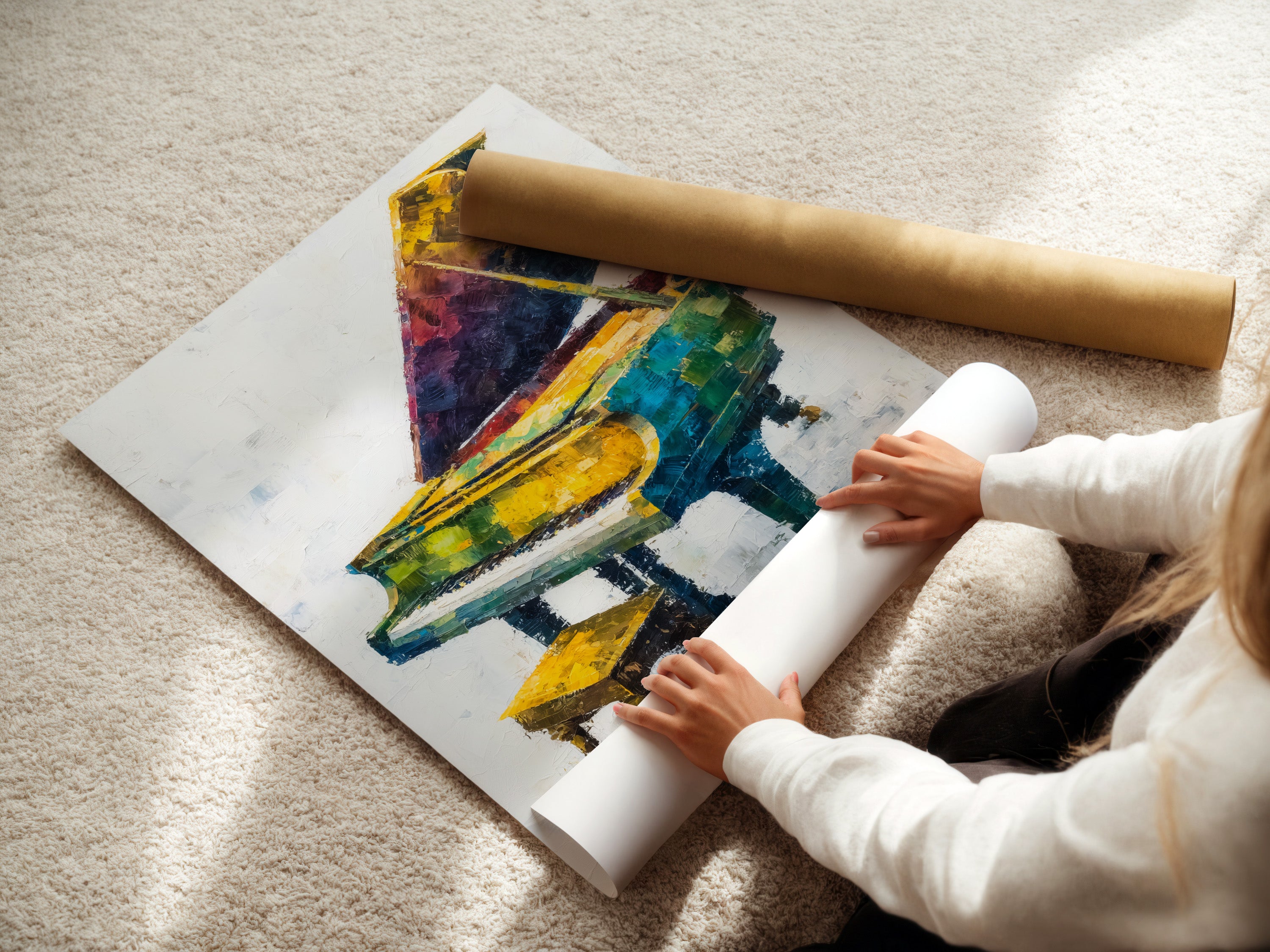 A woman carefully rolls a fine art poster paper. This vibrant grand piano poster is ready for framing. An ideal choice for music room decor or a musician gift. Explore abstract music art for unique wall decor. This colorful piano artwork enhances any space.