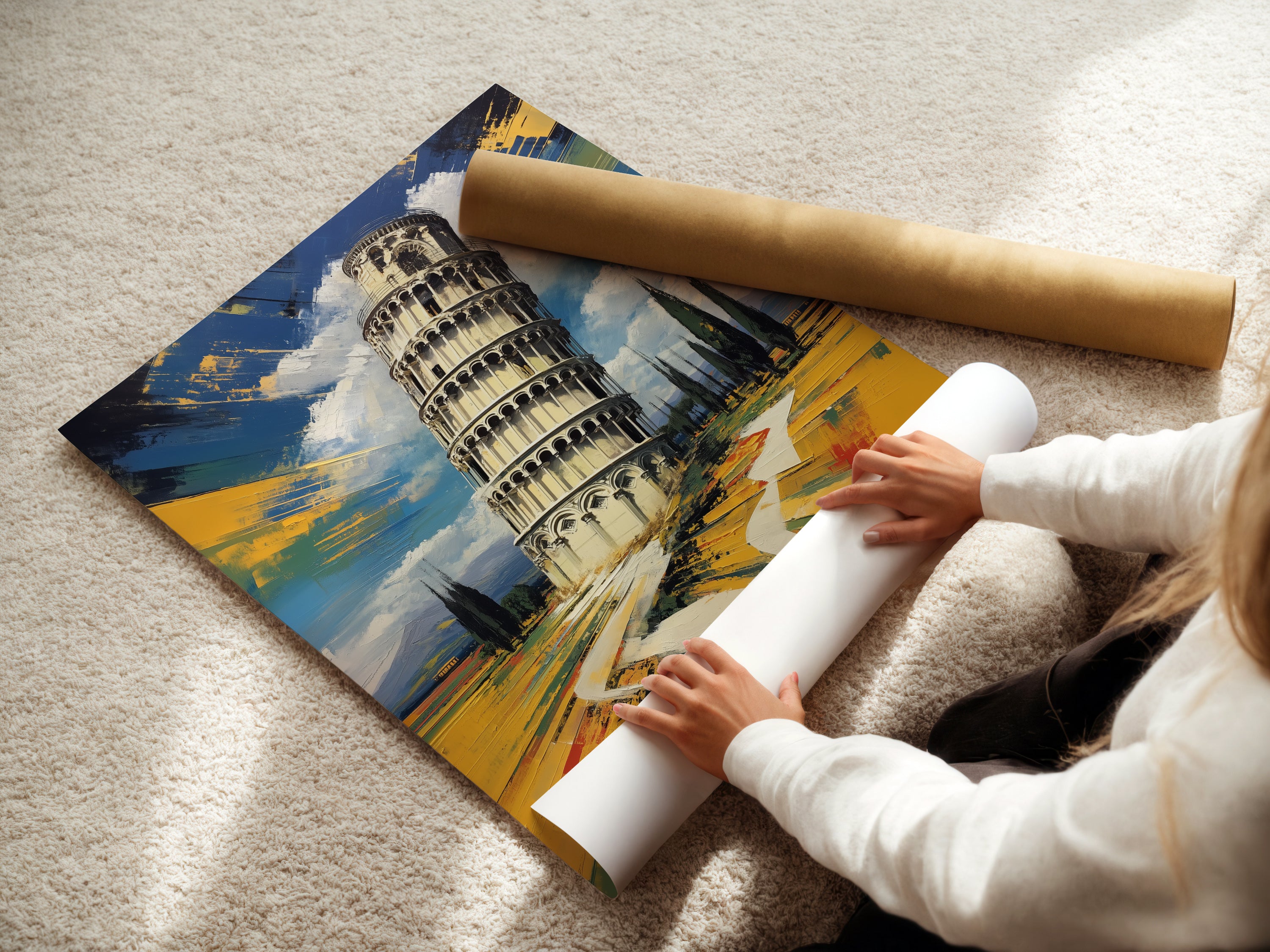 A woman carefully rolls a fine art poster paper. This paper ensures the highest art quality. This leaning tower artwork is available on different paper options. It has yellow and white colors.