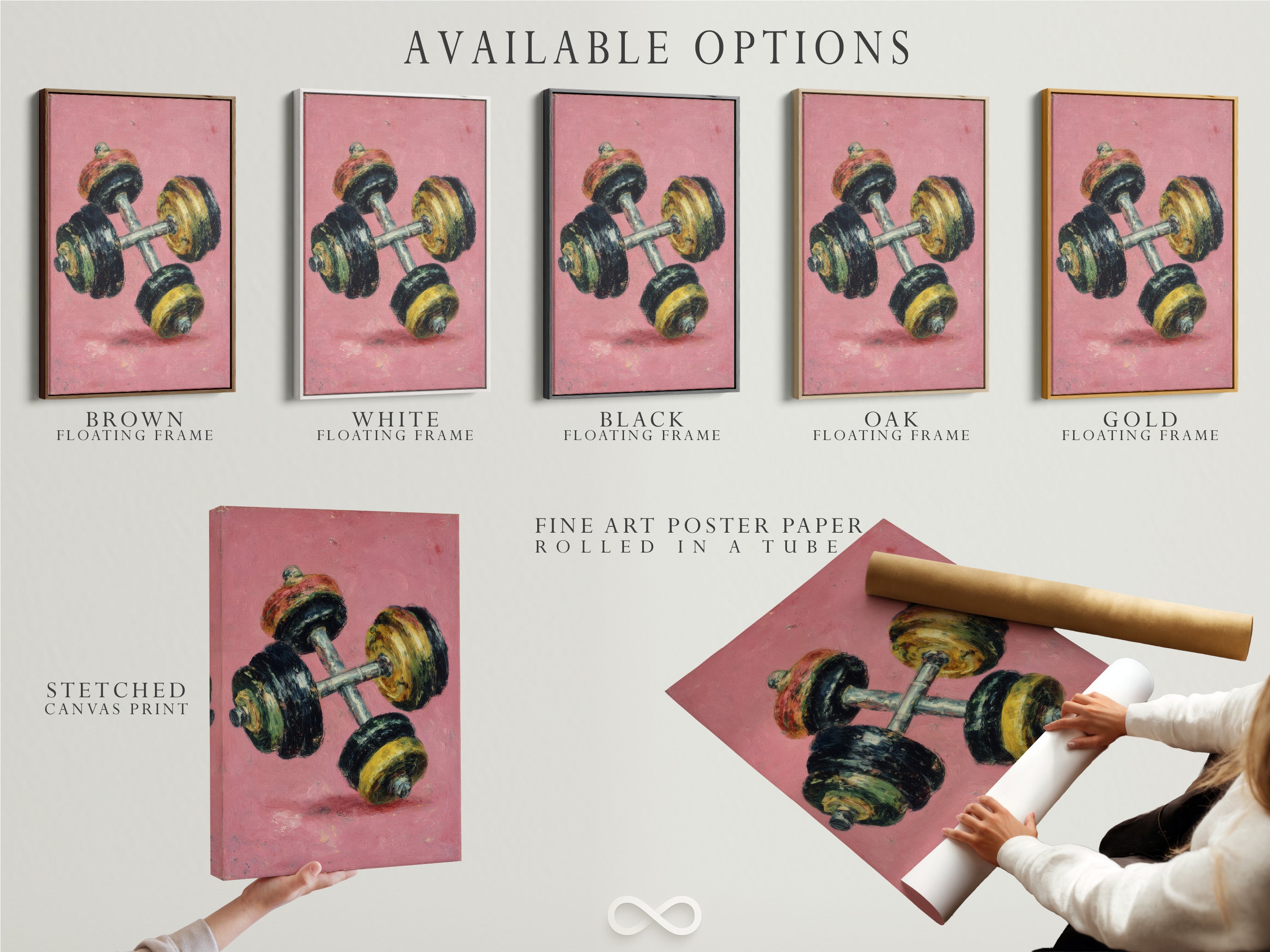 Explore available options for this vintage dumbbell artwork print. Choose between stretched canvas print fine art poster paper or floating frame. Customize your retro fitness wall art. Enhance your home gym decor.