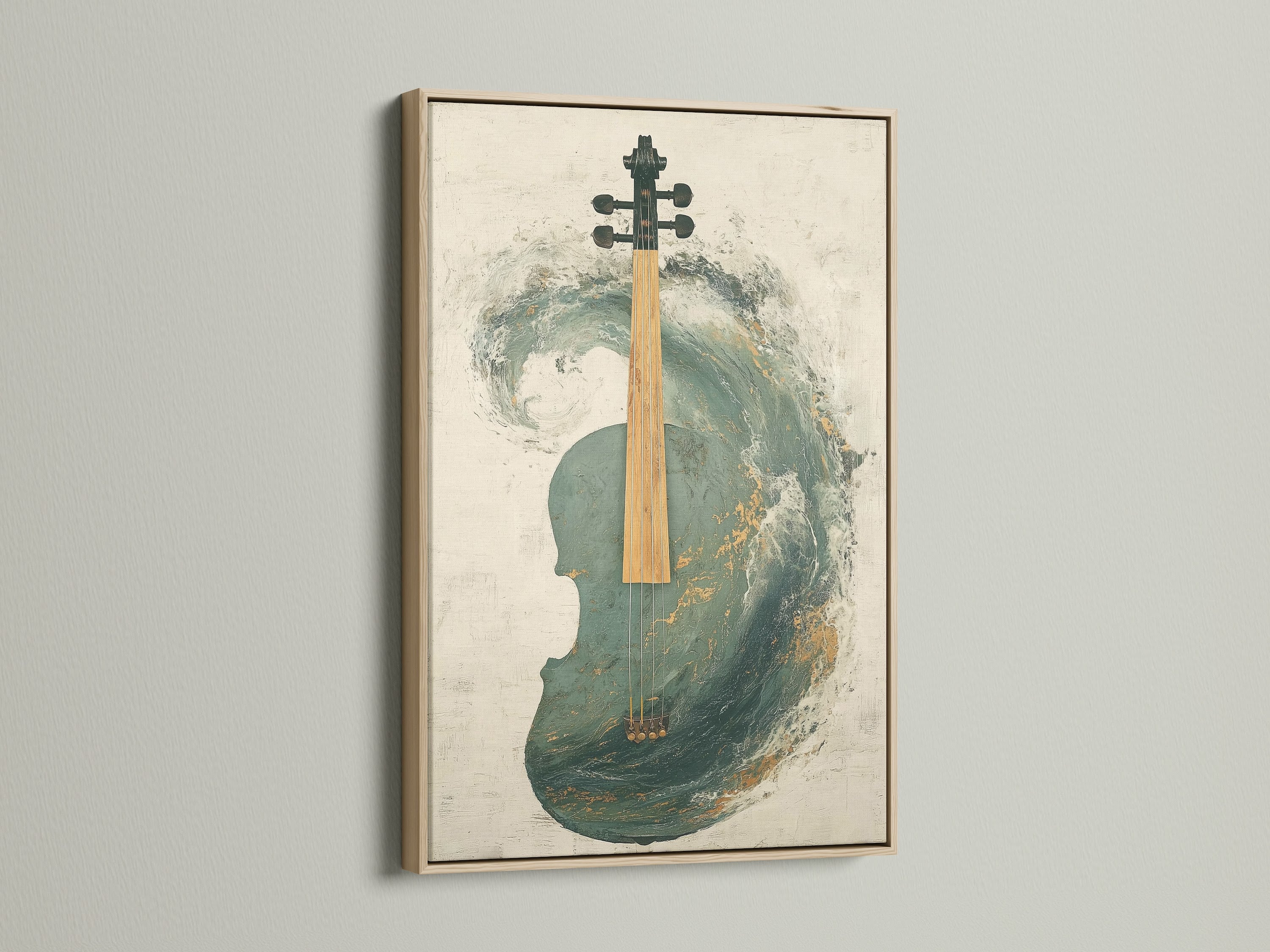 Abstract Violin Canvas Print in an oak frame. The teal and gold musical artwork adds a modern touch to any room. Ideal for music enthusiasts and interior decorators. The oak frame enhances the artwork's warmth and sophistication. Perfect for living rooms or music studios.