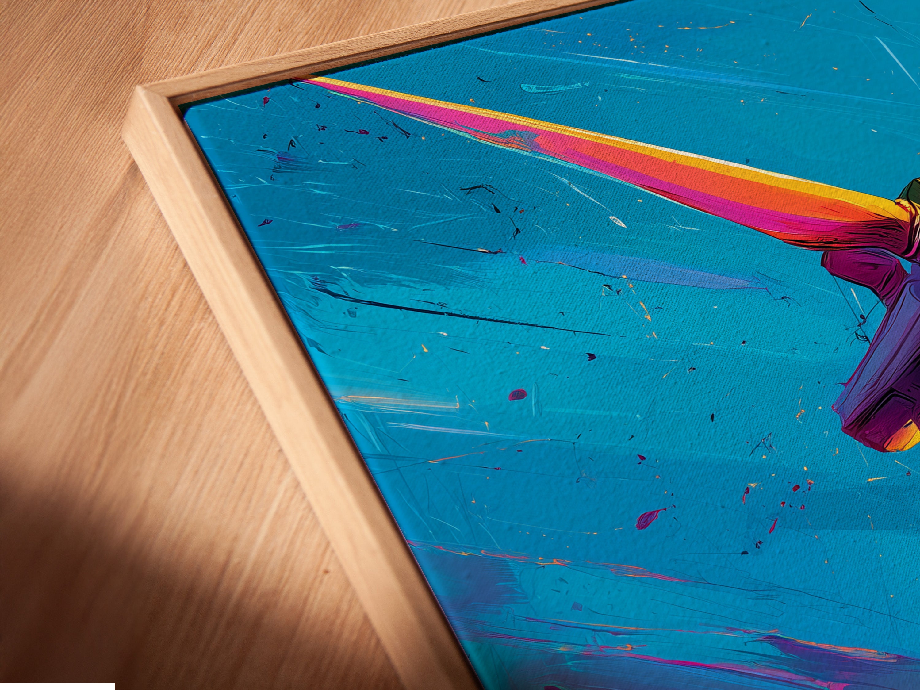 A close-up captures the details of a canvas print in a floating frame. The frame gives the artwork a modern and sophisticated look. The canvas texture and colors are beautifully highlighted. Experience art in a new dimension.