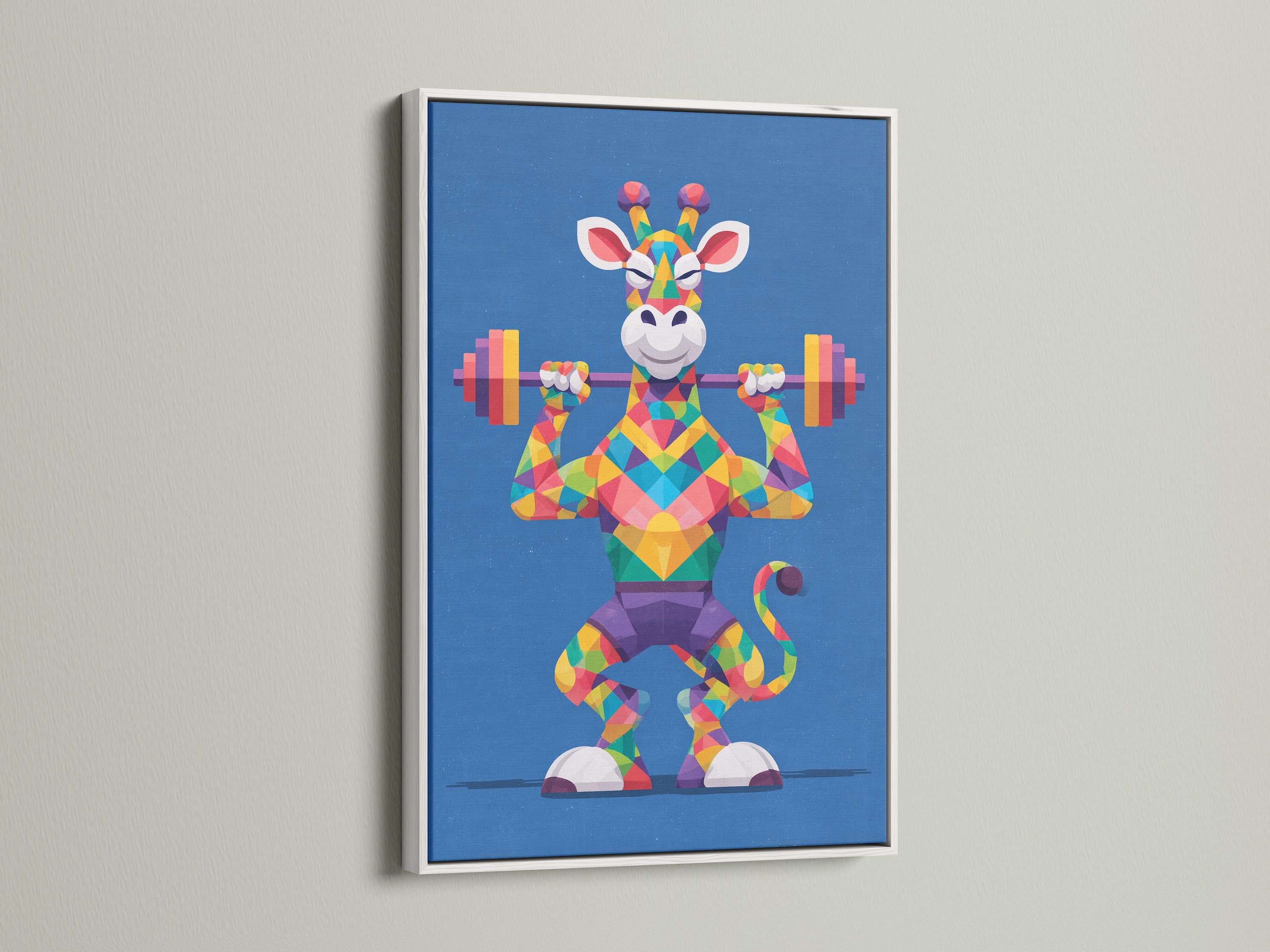 Geometric Giraffe artwork in a white frame. The artwork presents a vibrant animal lifting weights. This piece is ideal for gym wall decor. It provides fitness motivation with a modern polygonal art print. The primary color is blue with rainbow accents. Enhance your workout space today.