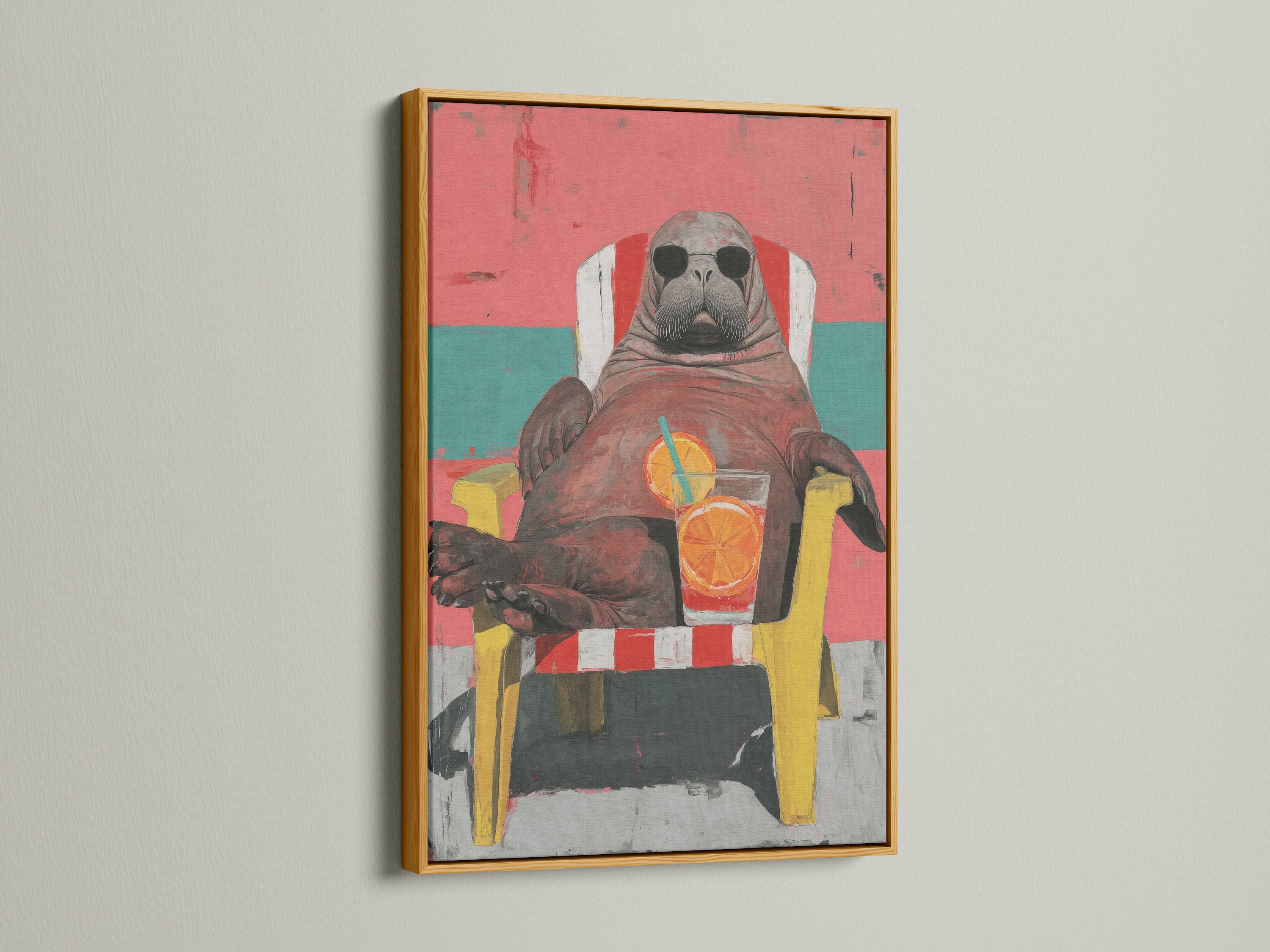 The Walrus Wall Art Print is elegantly framed in gold. This quirky animal art piece features retro wall art aesthetics. It is a great addition to beach house decor creating summer vibes. The artwork includes coral pink and teal accents. It is perfect for those who love coastal and vintage styles.
