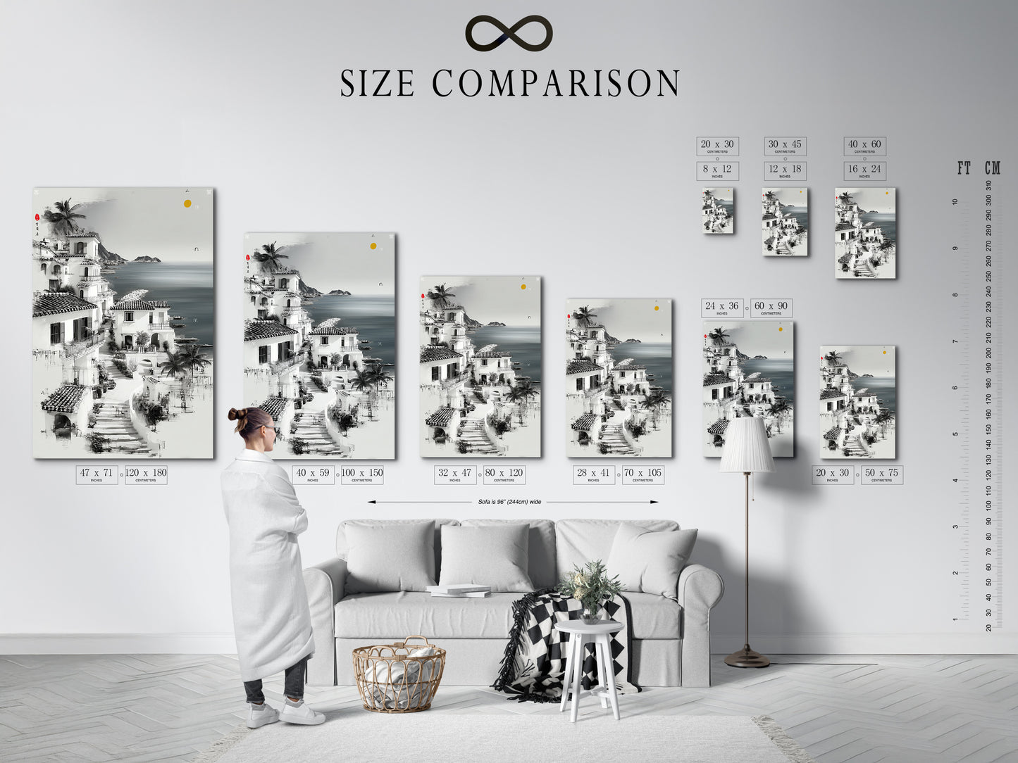 A size comparison chart in an interior setting. Visualize the perfect size for your Coastal Village artwork. Choose from various options to fit your space. Find the ideal piece for your home or office.