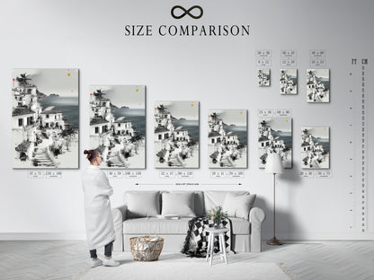 A size comparison chart in an interior setting. Visualize the perfect size for your Coastal Village artwork. Choose from various options to fit your space. Find the ideal piece for your home or office.