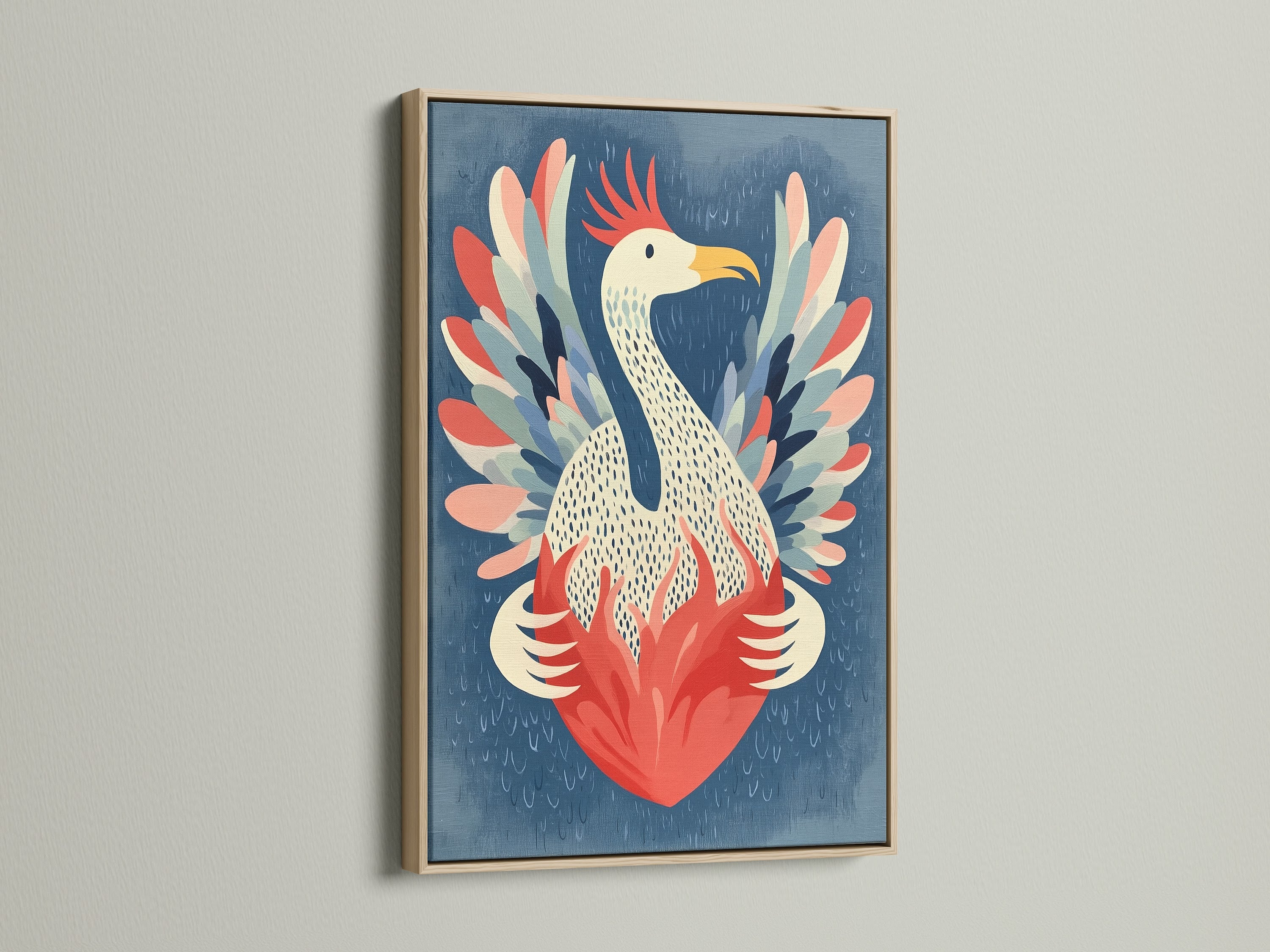 Phoenix Bird canvas art with an oak frame. The warm tones enhance the mythical bird. This scandi wall art adds charm to any room. A great choice for bird art lovers.