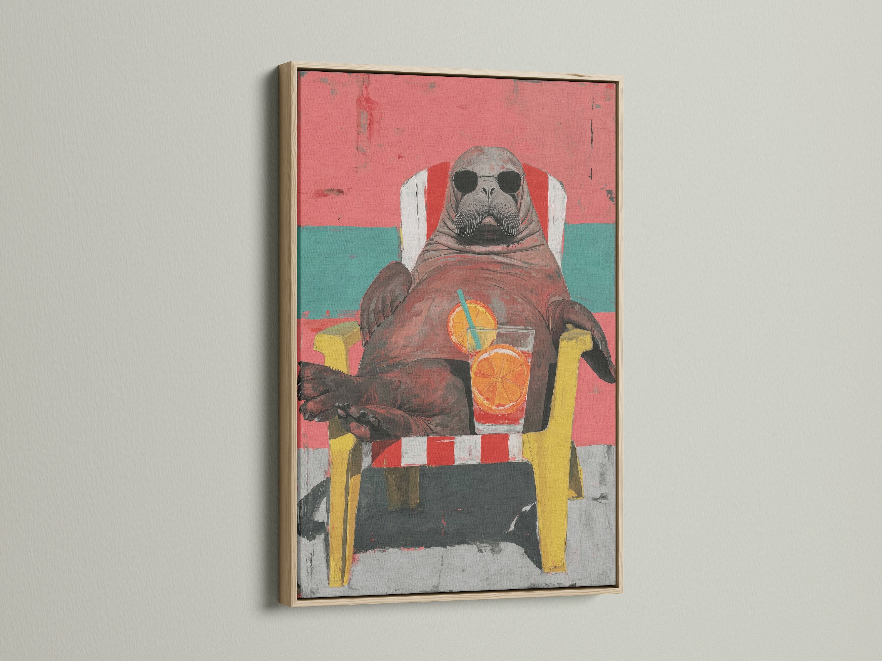 A Walrus Wall Art Print is showcased in an oak frame. This artwork embodies quirky animal art with retro wall art appeal. The piece enhances beach house decor with summer vibes. Its coral pink and teal accents add a touch of coastal charm. Perfect for poolside art and marine animal art lovers.