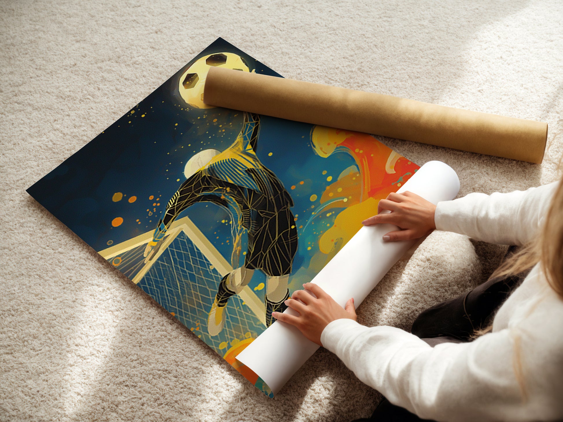A woman is carefully rolling a fine art poster paper. This showcases the material used for a soccer goalkeeper artwork. The fine art paper ensures high-quality print. It is perfect for collectors seeking vibrant and durable sports posters. The artwork retains its brilliance.