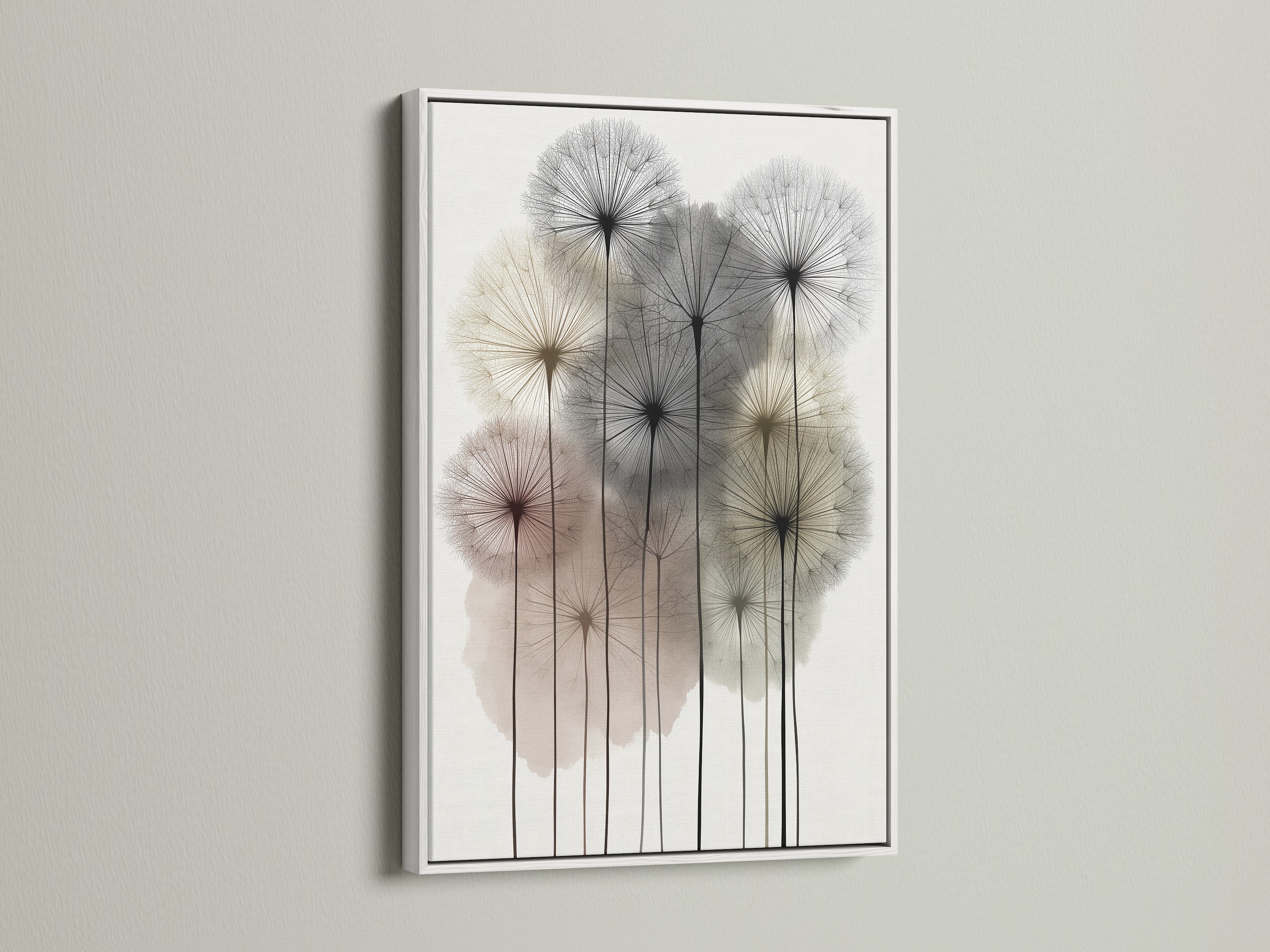 Dandelion artwork with a white frame. A clean and modern look for your walls. This neutral wall art enhances any room. Perfect as flower art in a home office or nursery. It is a botanical print that suits minimalist and scandi styles.