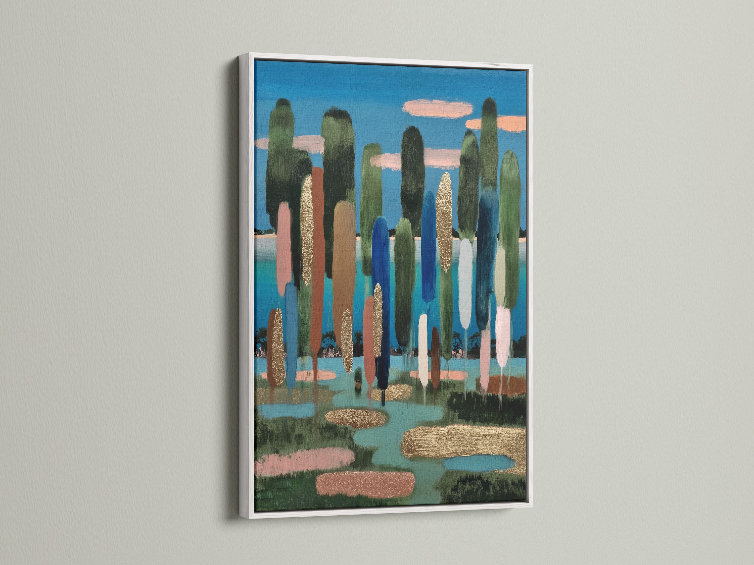 A white frame presents a clean and contemporary look for artwork. It provides a neutral border that allows the artwork to stand out. This frame is ideal for modern spaces. The artwork features a vibrant abstract scene.