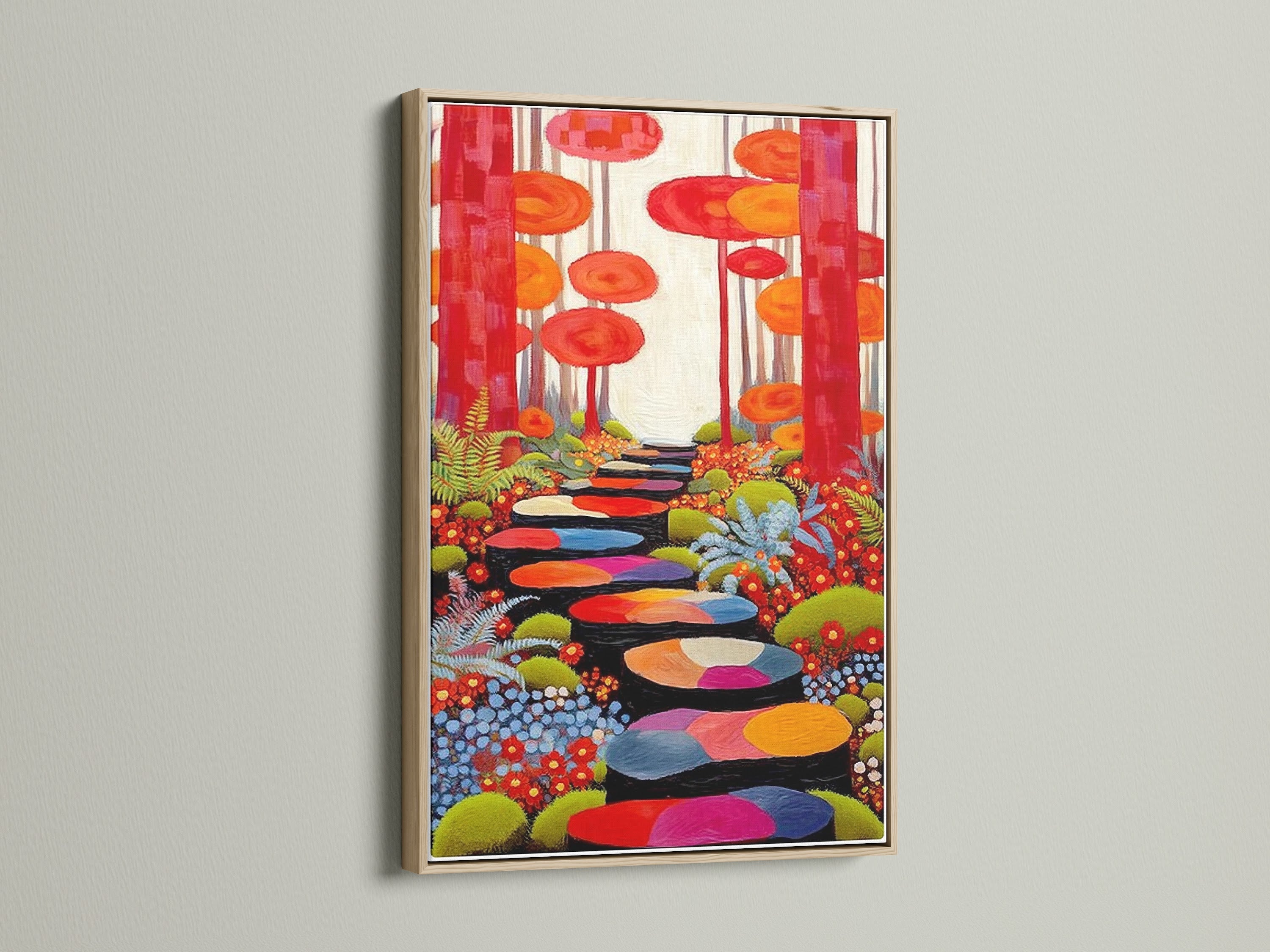 Enchanted Forest canvas print displayed in an oak frame. The colorful wall art complements modern and eclectic decor. Bring nature indoors with this whimsical art piece. The oak frame enhances the fantasy landscape. Perfect for living rooms bedrooms and offices. This oak frame is a great choice.