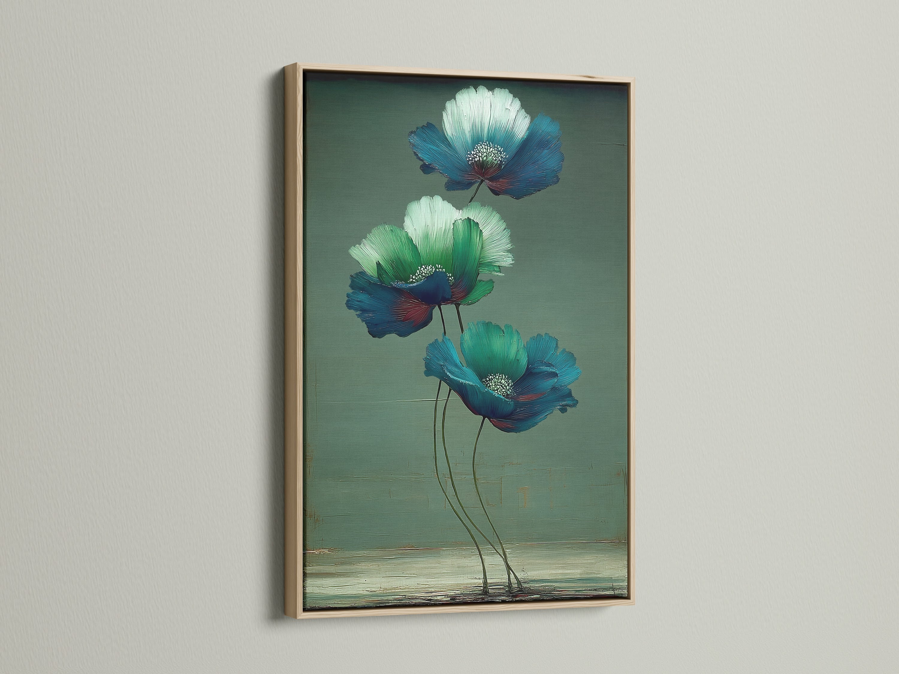 Discover floral canvas prints with an oak frame. This botanical art offers a natural touch to any room. See the beauty of blue flower prints and green wall art. Perfect for modern flower artwork in your home.