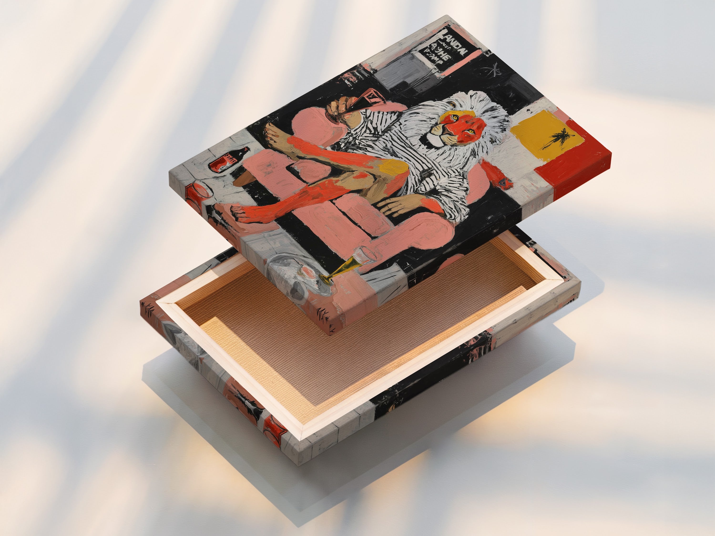 This is a stretched canvas print of the Lion Man artwork. This contemporary animal art is ready to hang. The surreal mixed media art makes a bold statement. This piece is perfect for adding a modern touch to any space.