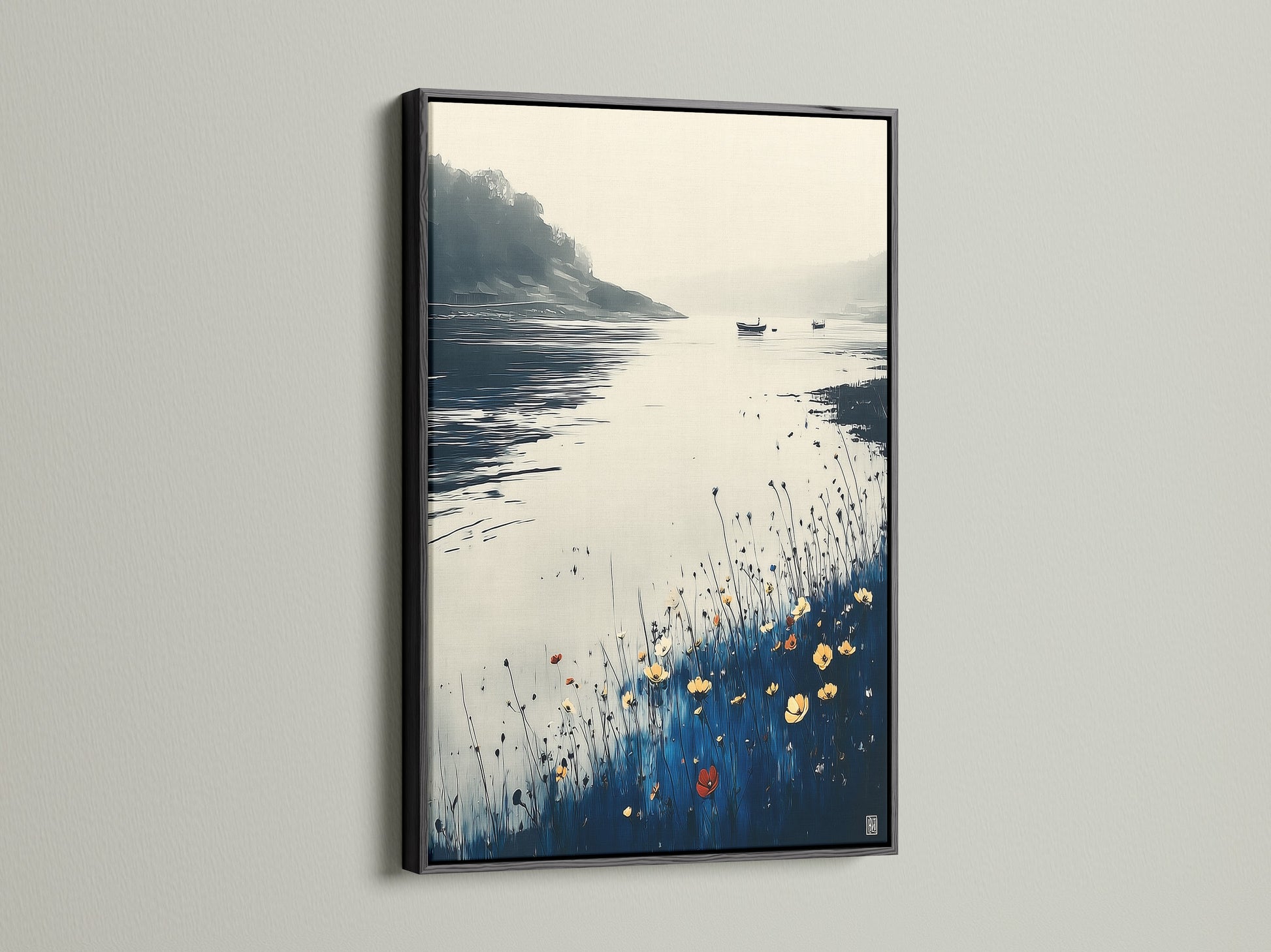 Modern coastal artwork in a black frame. The serene lake art features a captivating landscape with blue accents and beige undertones. This nature print enhances modern minimalist and coastal styles. A striking piece of wall decoration for any contemporary space. Add a touch of wilderness art to your home art collection.