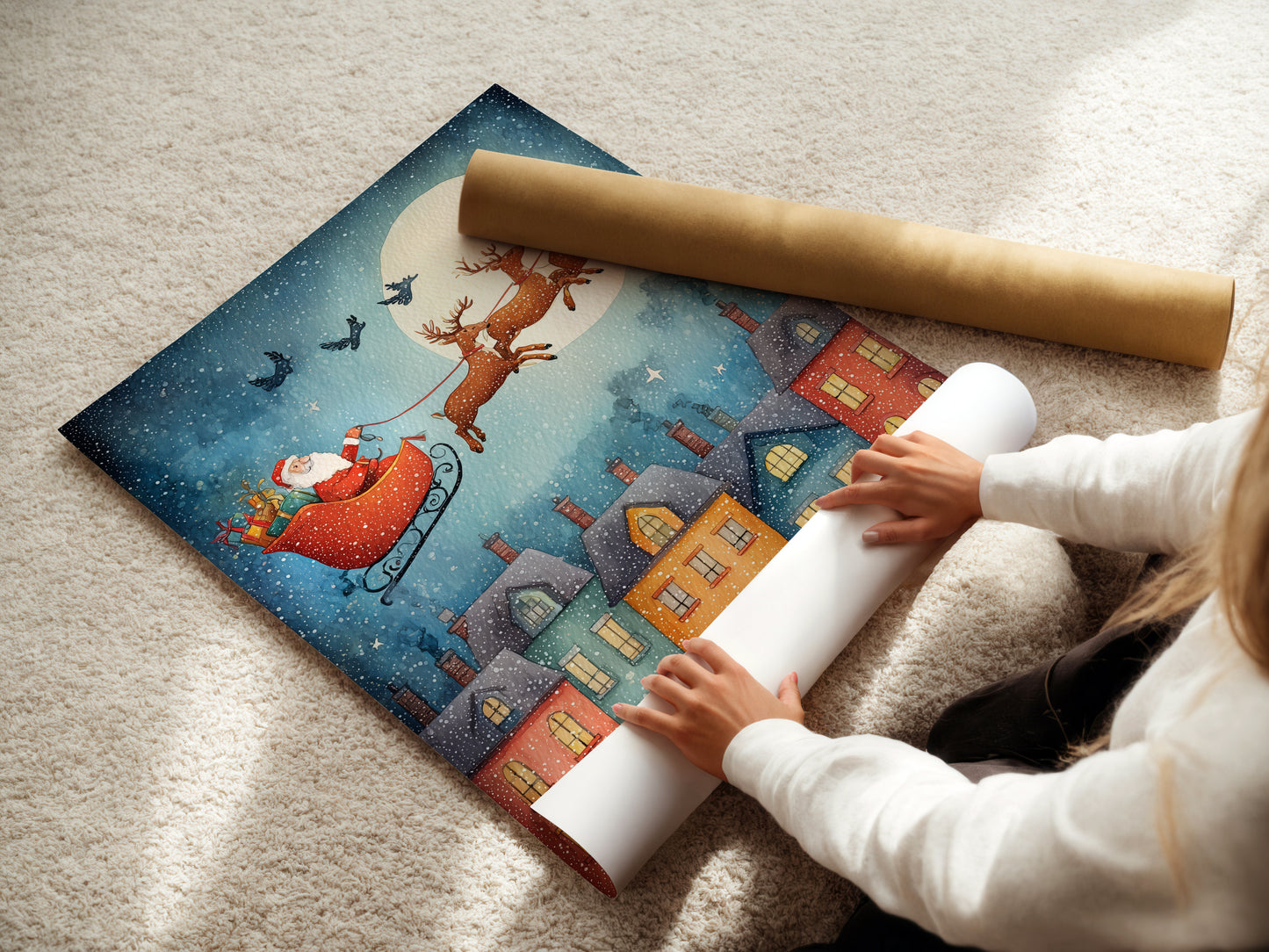 This photo shows a woman rolling fine art poster paper. The fine art poster paper is of high quality. Ideal for Santa's Flight artwork. She is preparing a Christmas print. This paper enhances the watercolor art. The paper is perfect for holiday town illustrations.