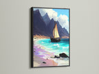 Black Frame displays sailboat art. Perfect coastal print for any room. Seascape canvas enhances nautical wall art. Teal artwork complements ocean view art. Beige wall art adds elegance. Ideal for bedroom wall decor.