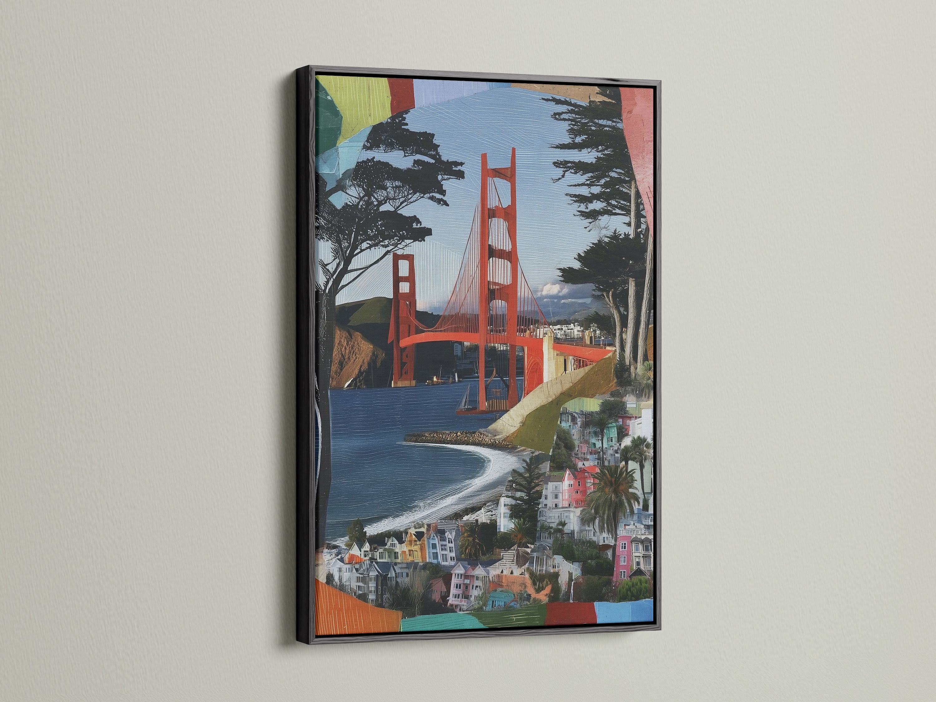 The Golden Gate artwork is striking in a black frame. This San Francisco wall art adds a touch of sophistication. The bridge canvas brings a modern and classic feel to any interior setting.