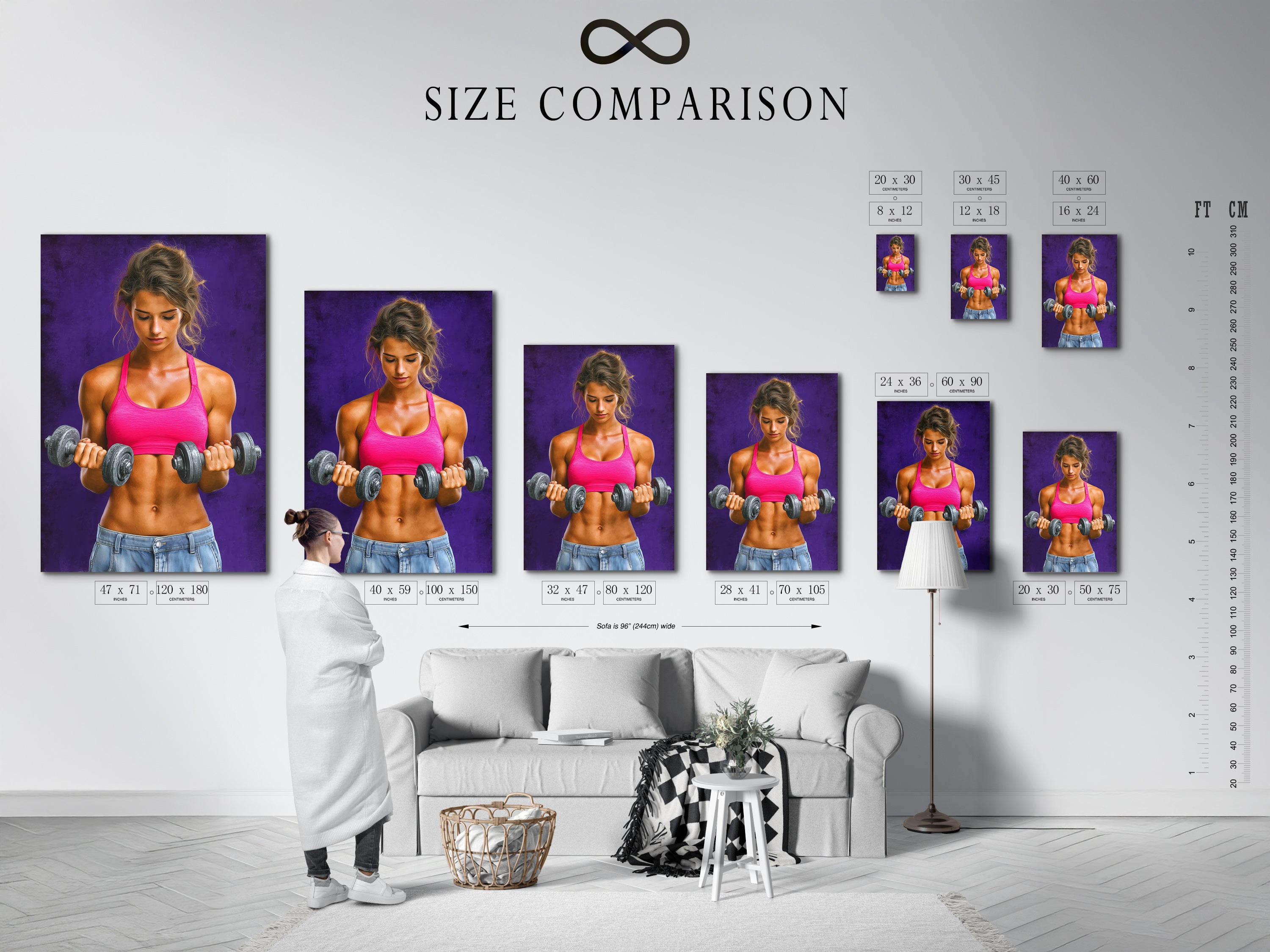 Size comparison chart displayed in an interior setting. Illustrating how the fitness woman artwork fits various spaces. Choose the perfect dimensions for your home gym or fitness studio.