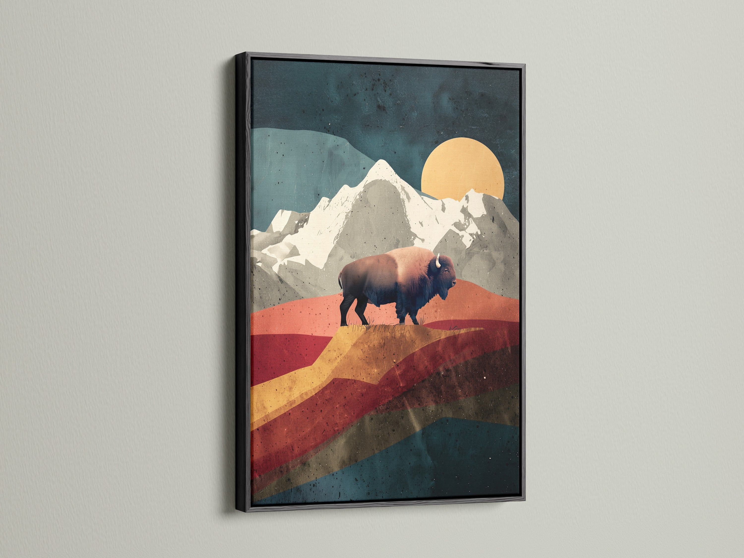 This striking artwork featuring a buffalo is displayed in a sleek black frame. The black frame adds a bold and sophisticated touch. It makes the artwork pop against any wall. Discover the impact of black frames on your art. Its timeless elegance suits all styles.