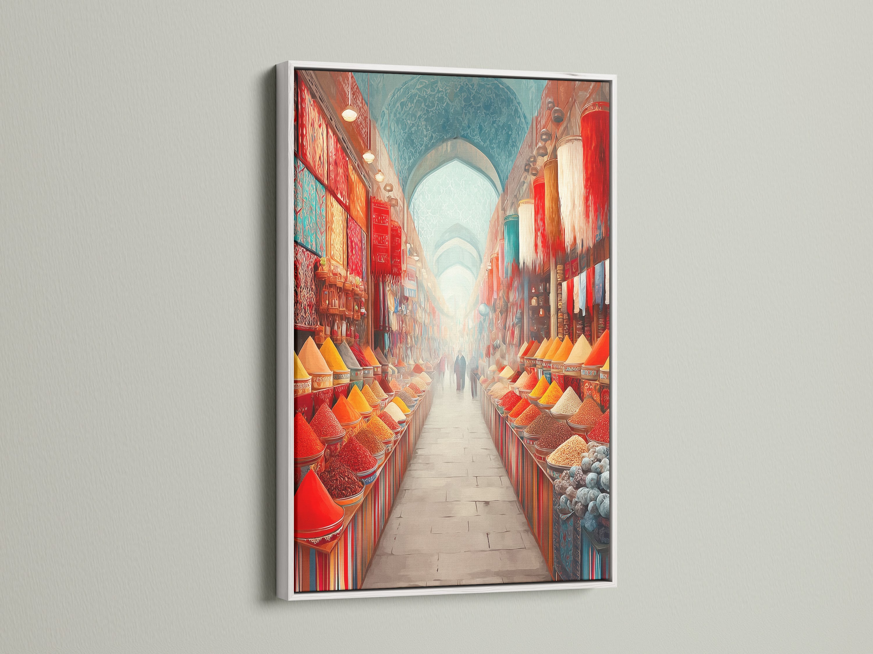 Spice Market canvas print in a white frame. The colorful food photography is a great addition to any kitchen. It also looks great in dining rooms or restaurants. This exotic bazaar wall art adds a touch of spice to your home or business.