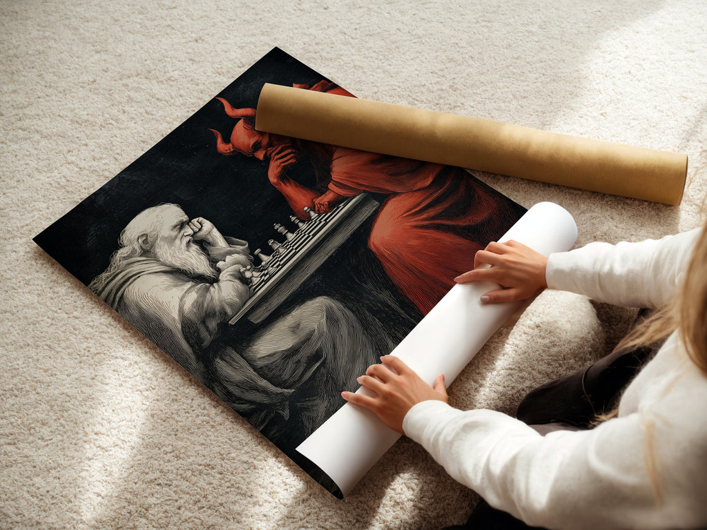 A woman is carefully rolling a fine art poster paper print of the Chess Master artwork. This devil vs angel art is perfect for study rooms. Gothic style and chess game art make it a unique addition. Ideal for collectors.